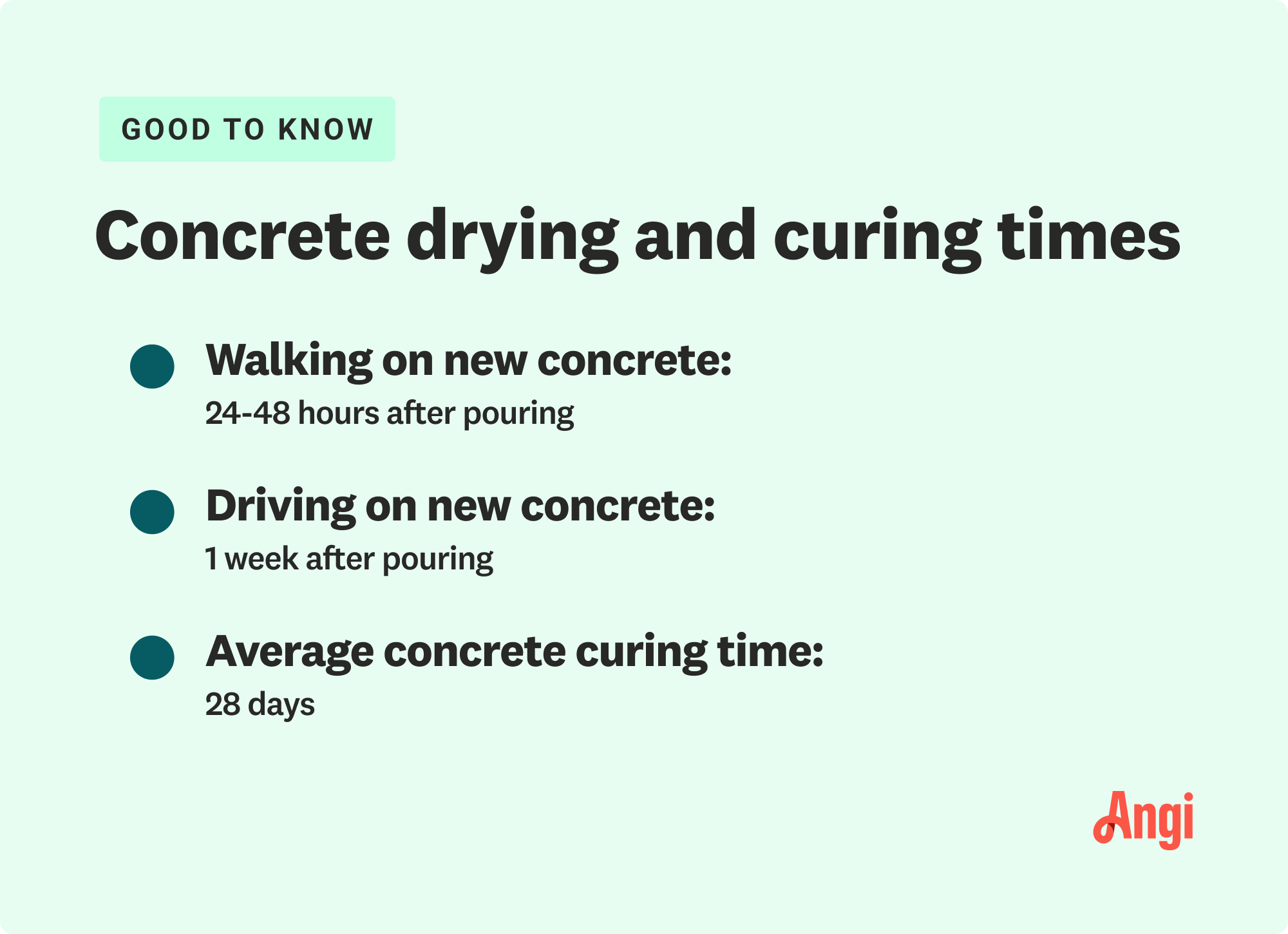 4 drying and curing times for concrete, with walking on concrete taking 24 to 48 hours of drying after pouring