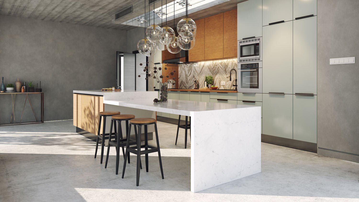 A modern minimal kitchen with concrete flooring