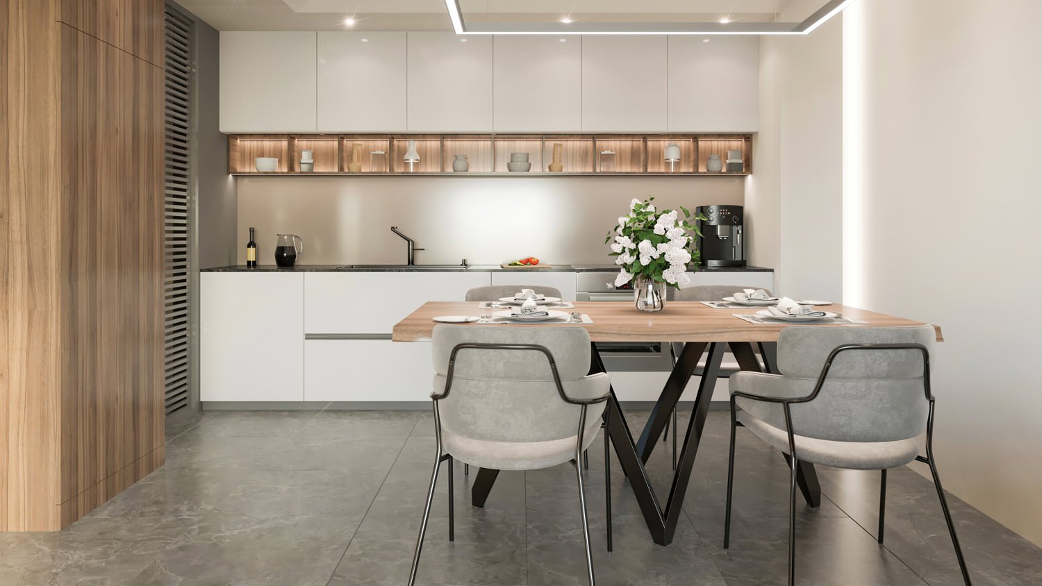 A modern kitchen with concrete flooring