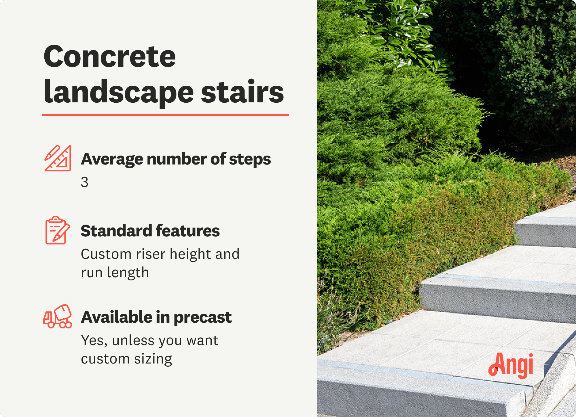 Concrete landscape stair details, with standard features including custom riser height and run length