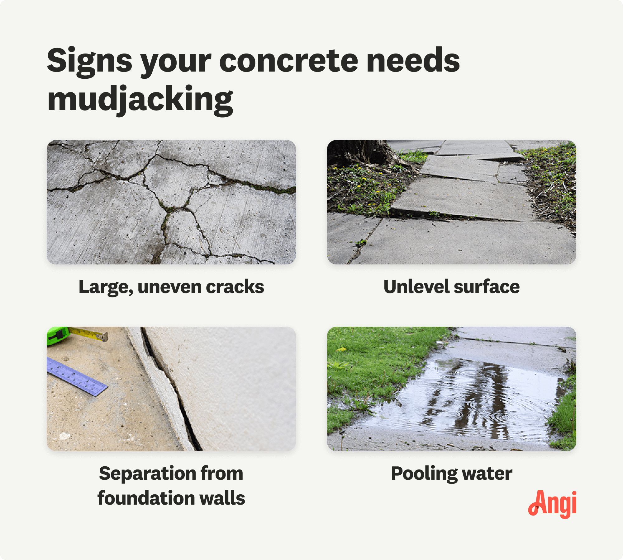 4 signs your concrete needs mudjacking compared visually, including unlevel surface and pooling water