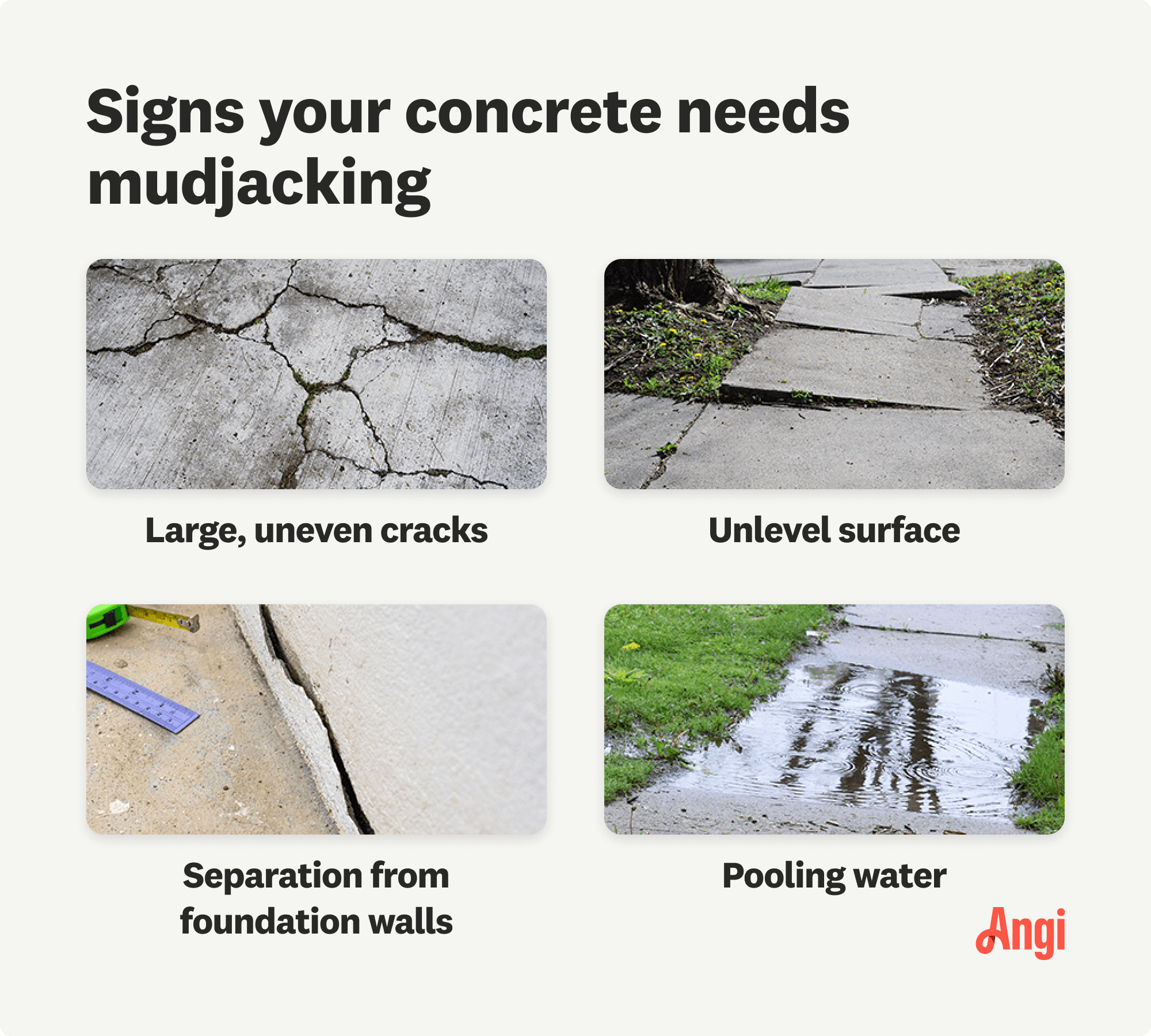  4 signs your concrete needs mudjacking compared visually, including unlevel surface and pooling water