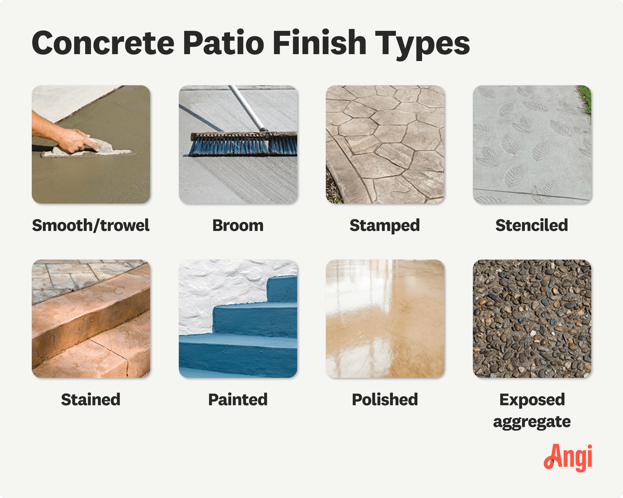 8 concrete patio finish types compared visually, including stamped, stained, and polished