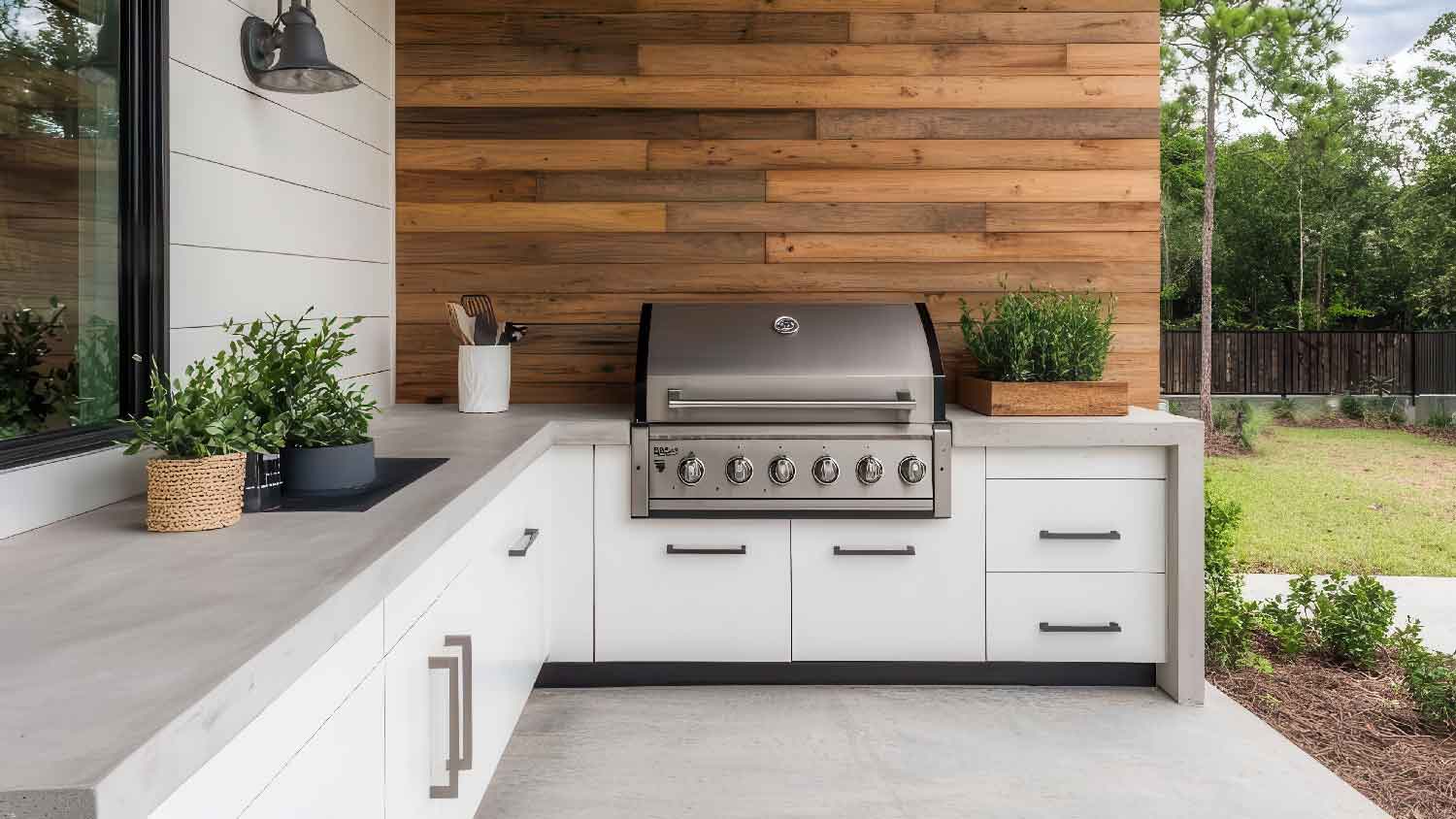 A concrete patio serving also as an outdoor kitchen