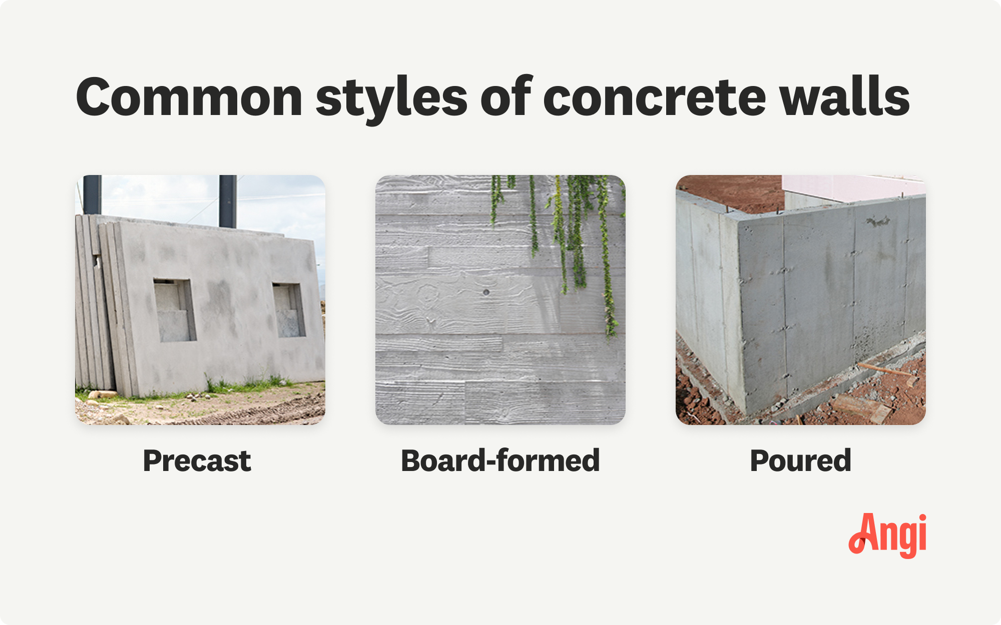 3 concrete wall styles compared visually, including precast, board-formed, and poured