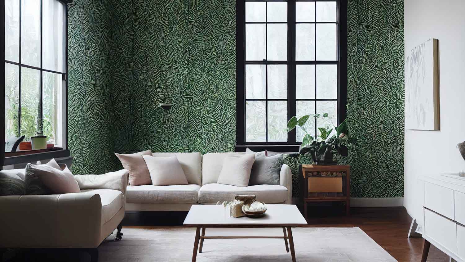 A contemporary living room with a dark green wallpaper