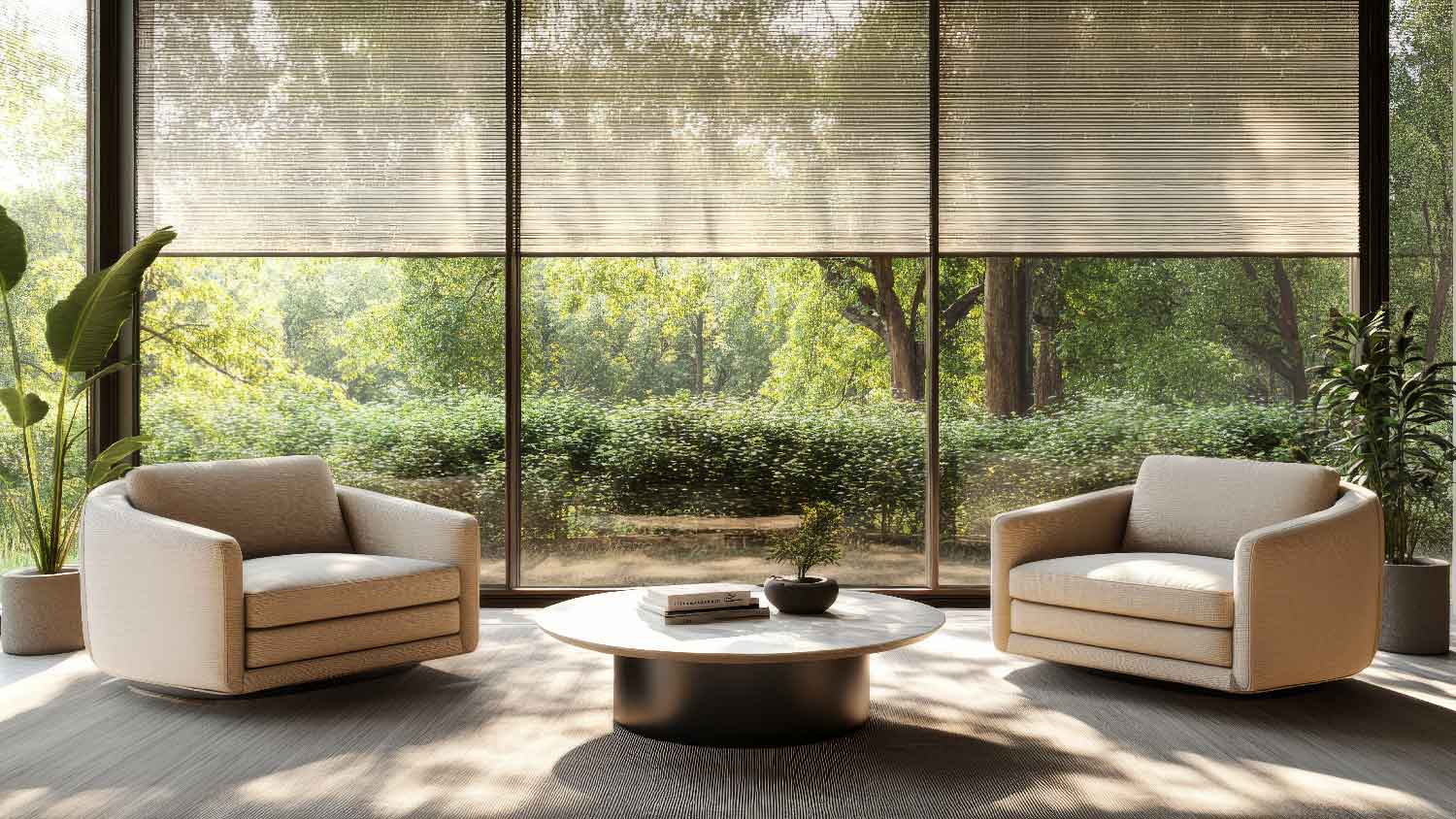 A contemporary living room with motorized blinds
