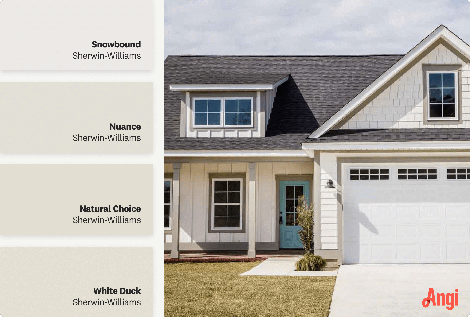 A new cottage house painted in a cool white, including different tones of cool white paint