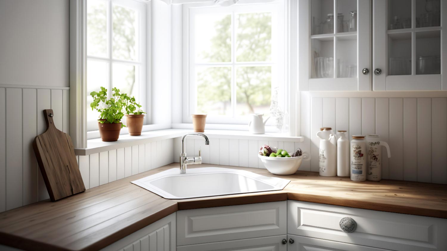 A corner sink in a white kitchen