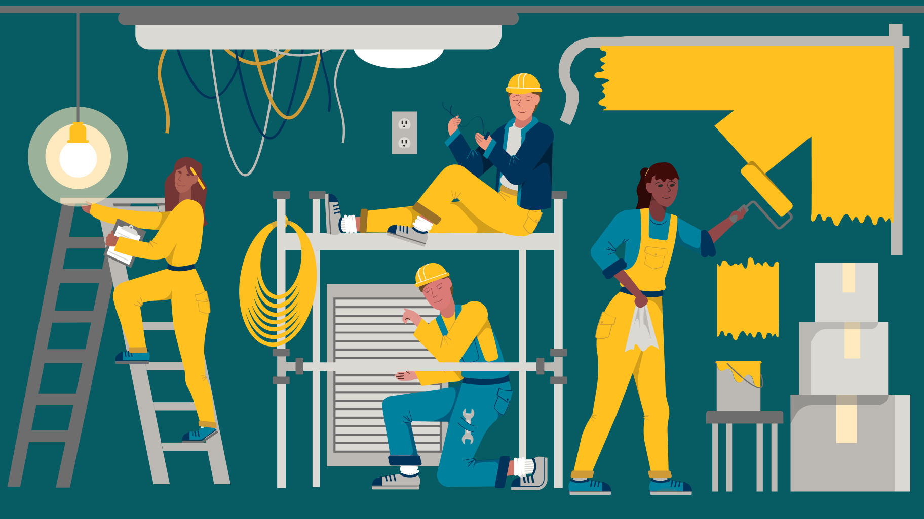 Four illustrated home service pros in yellow & teal safety gear are busy with electrical, painting, and air vent installation tasks in a tool-filled room.