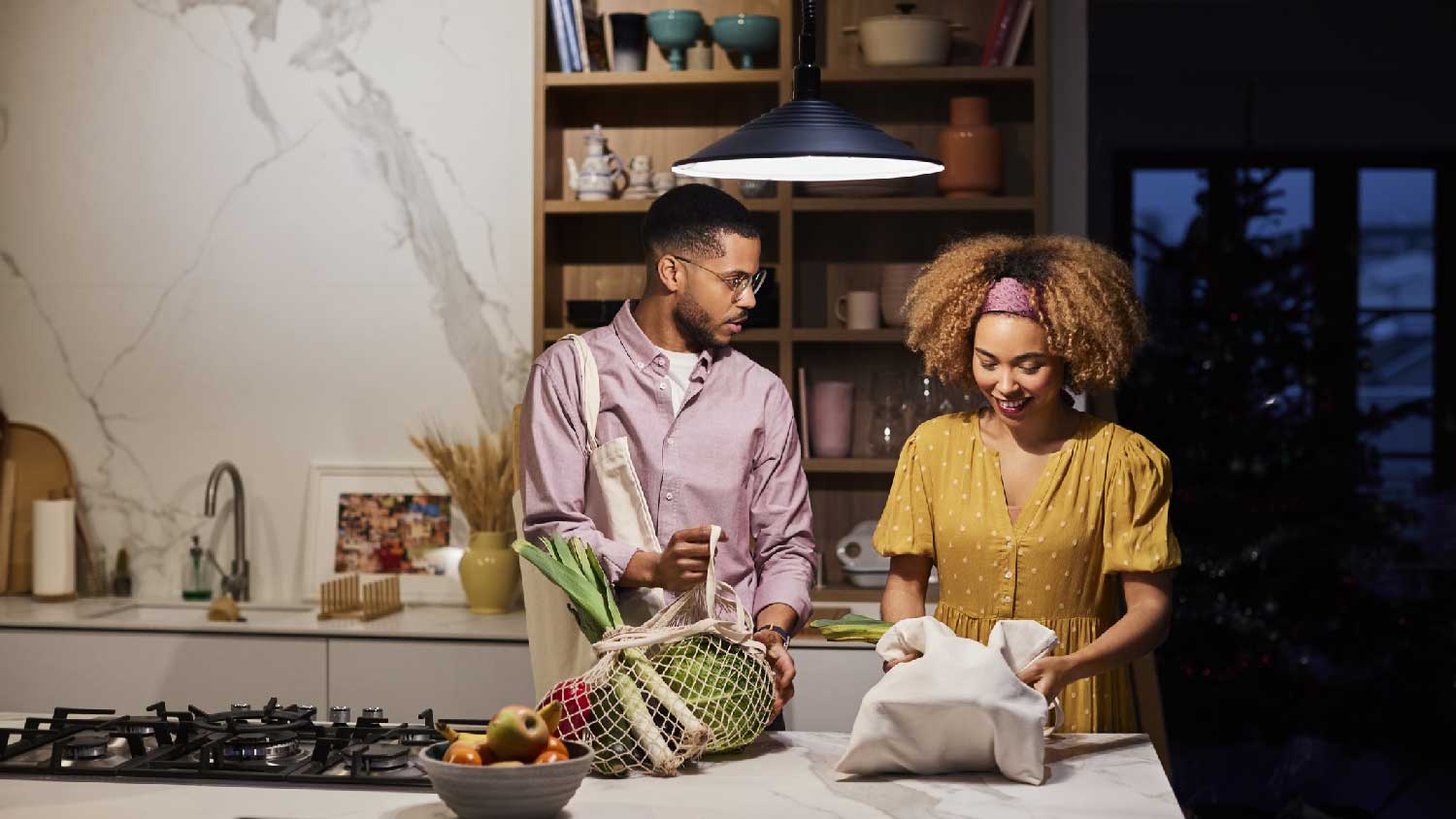 A couple with groceries in thei cool lighted kitchen