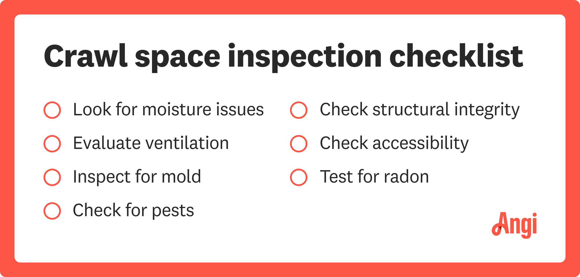 Crawl space inspection checklist, including looking for moisture issues