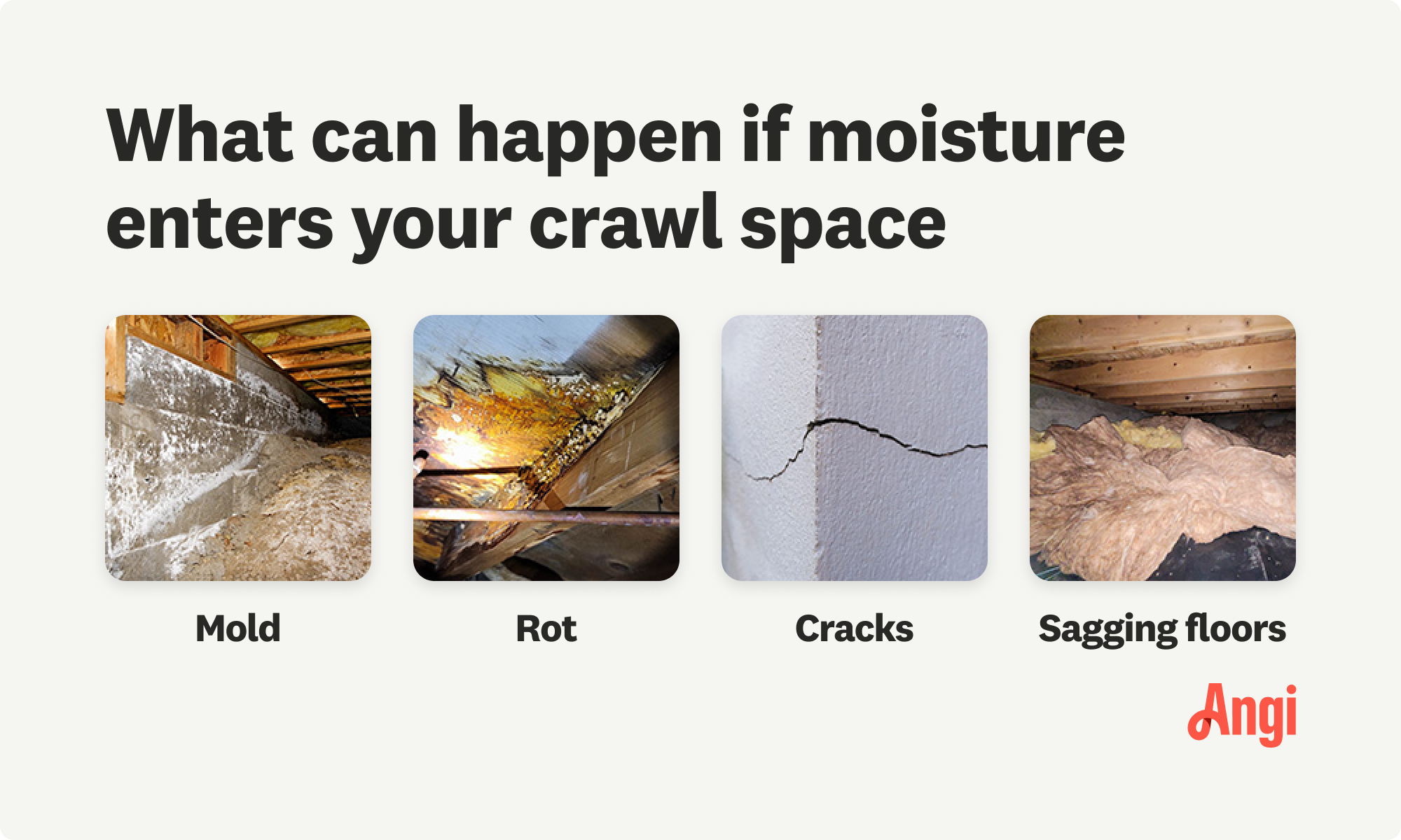 4 crawl space moisture damages compared visually, including mold, rot, and cracks