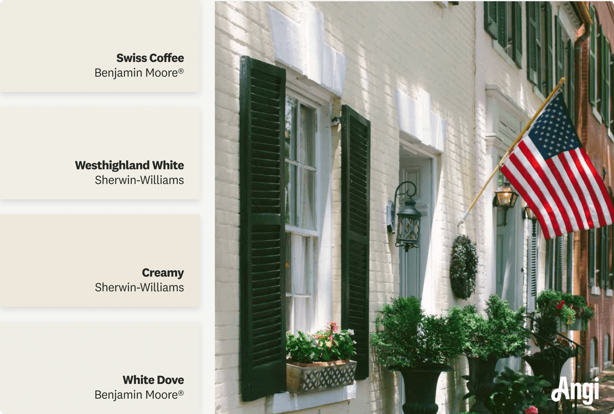 A creamy white home with green shutters, including different tones of cream paint