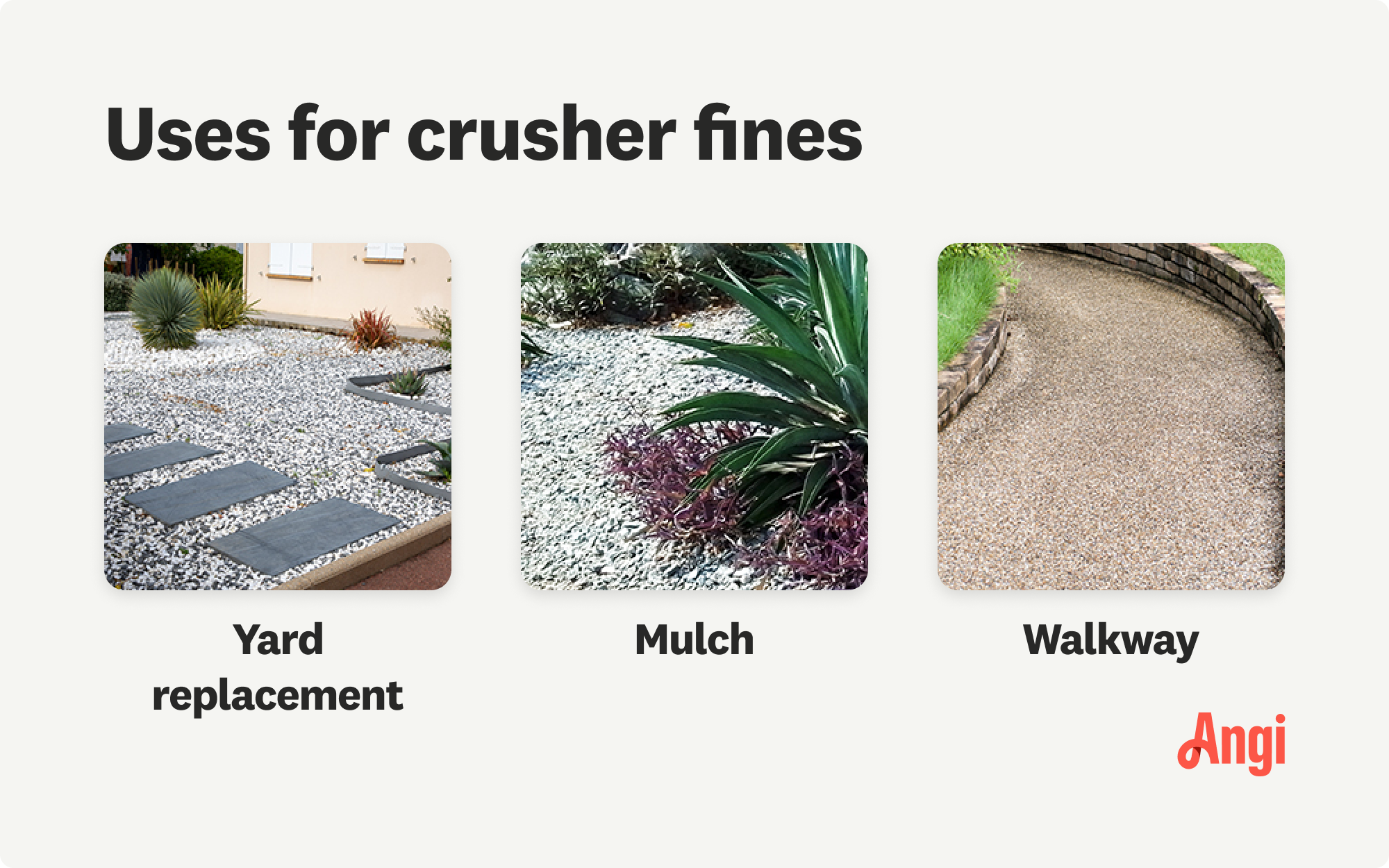 3 uses for crusher fines compared visually, including yard replacement, mulch, and walkways