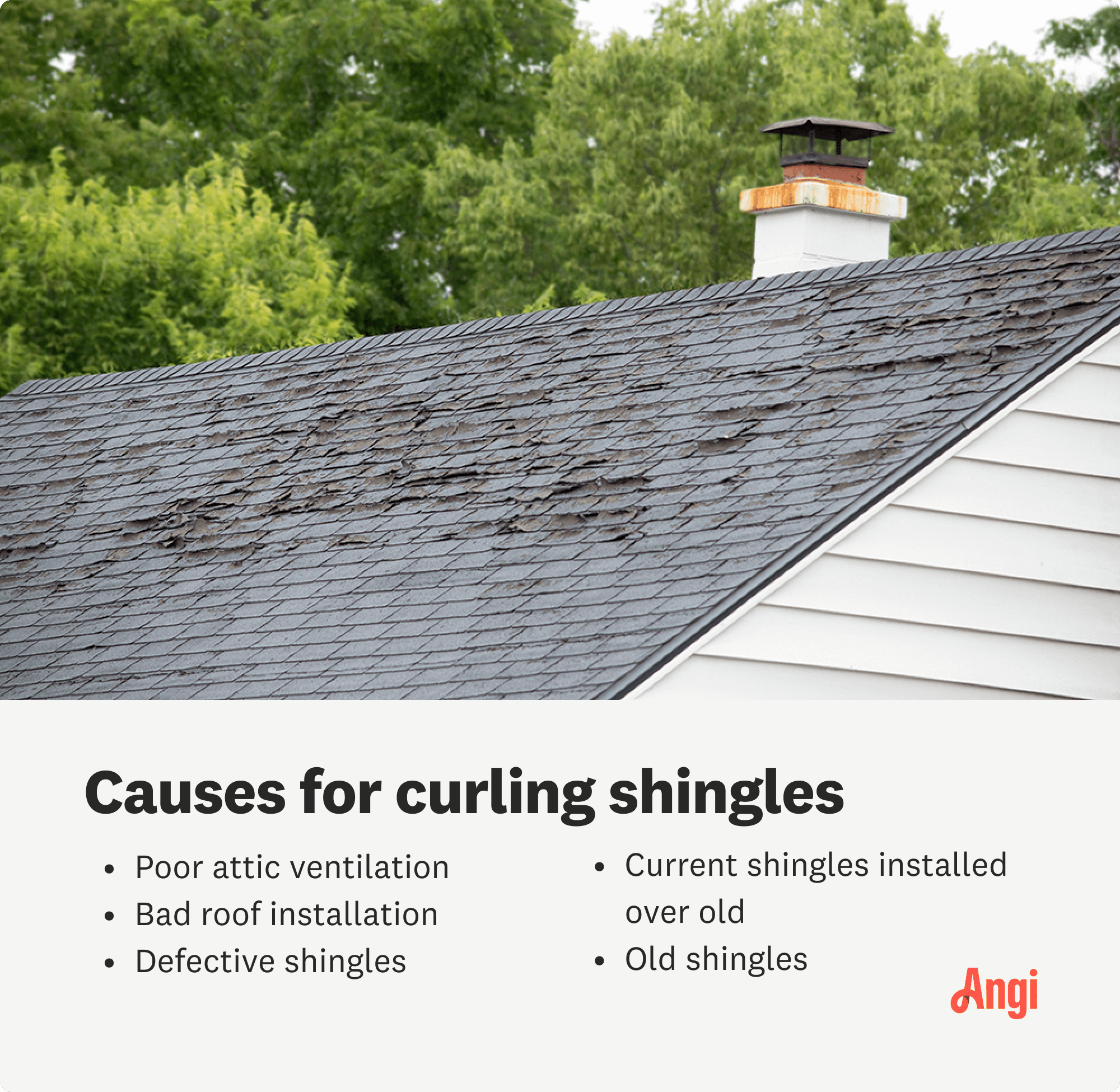 5 causes of curling shingles, including poor attic ventilation, old shingles, and defective shingles