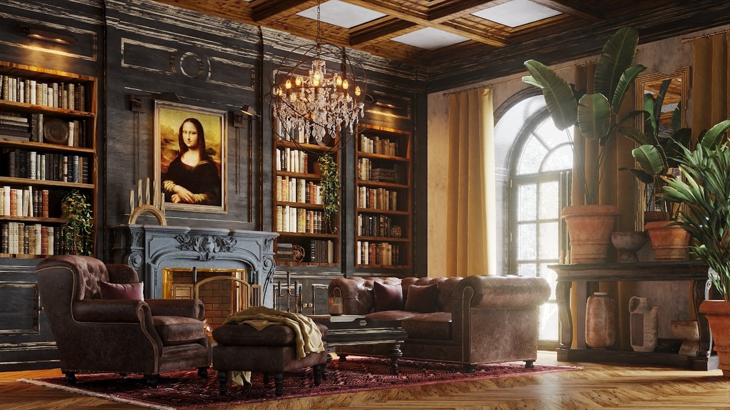 a large living room with a wall of bookshelves, dark leather furniture, and the Mona Lisa above the fireplace