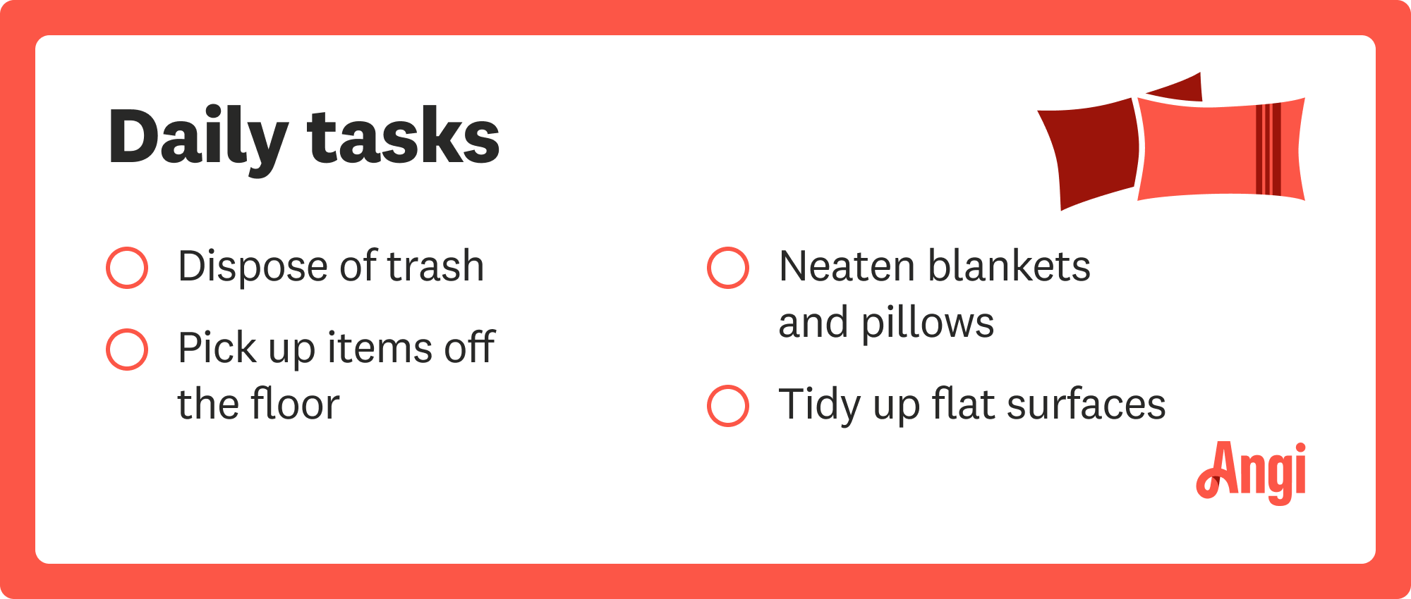 Daily tasks cleaning checklist, including disposing of trash and tiding up flat surfaces