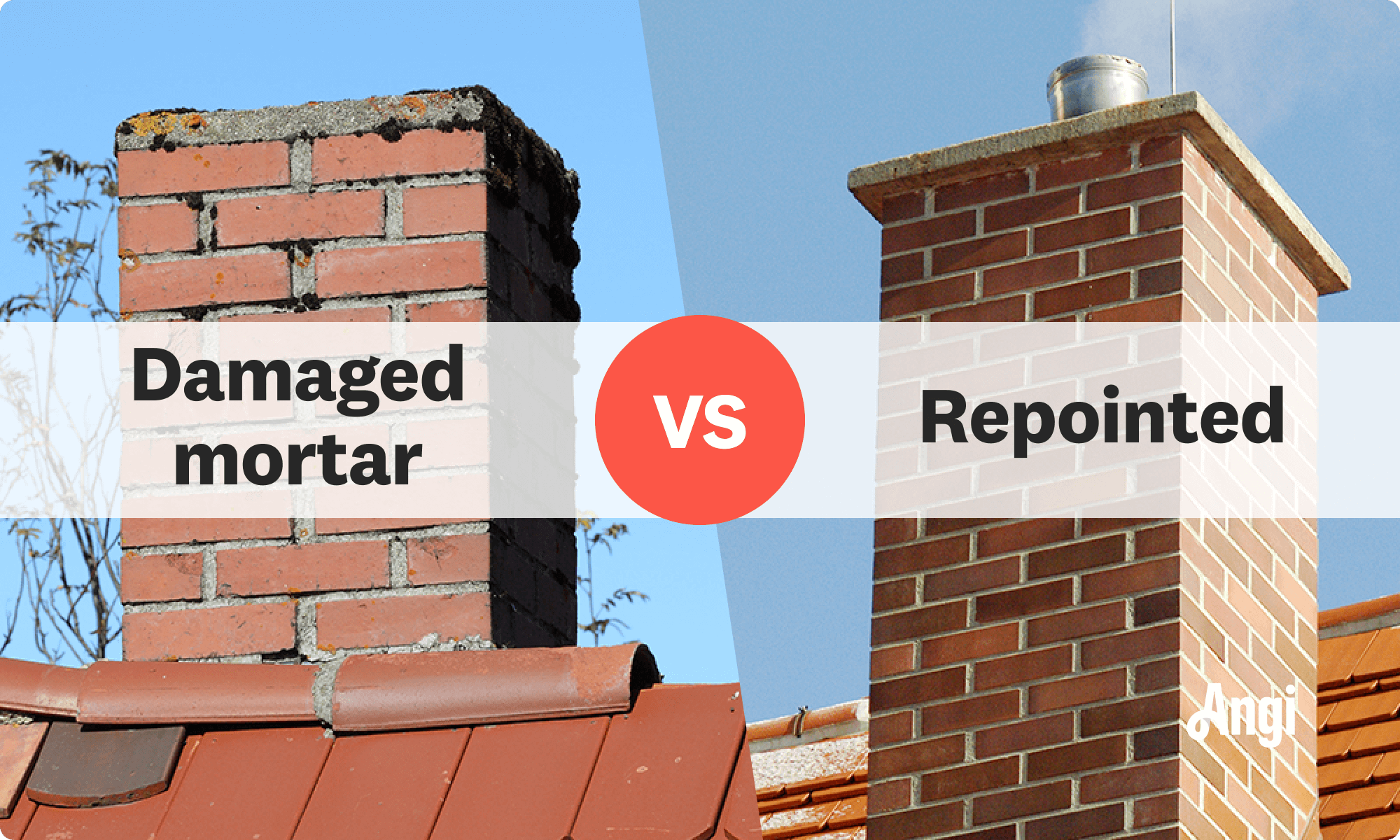 Damaged mortar versus repointed chimney visual comparison