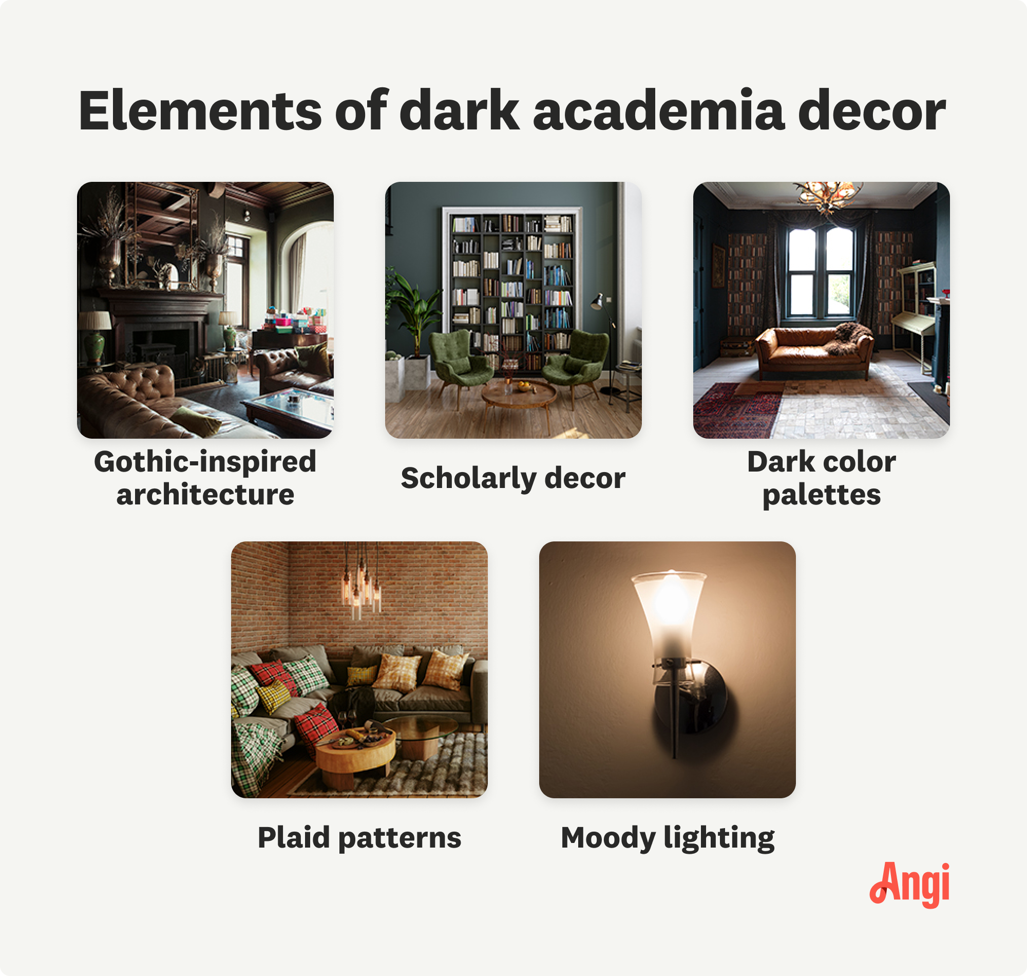 5 visual elements of dark academia decor, including scholarly decor, dark color palettes, and plaid patterns