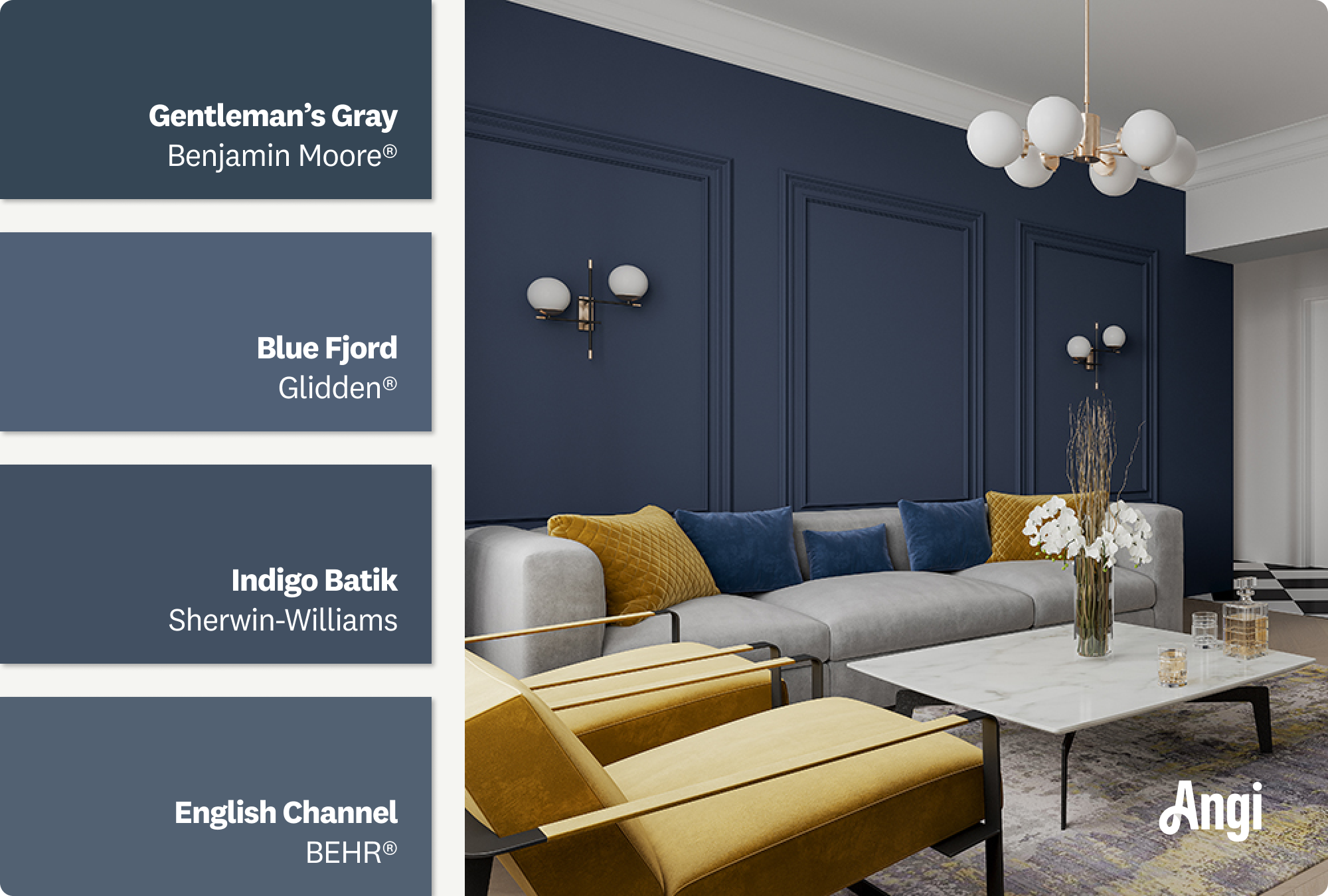 A blue living room features elegant furniture and modern decor, including dark blue paint swatches