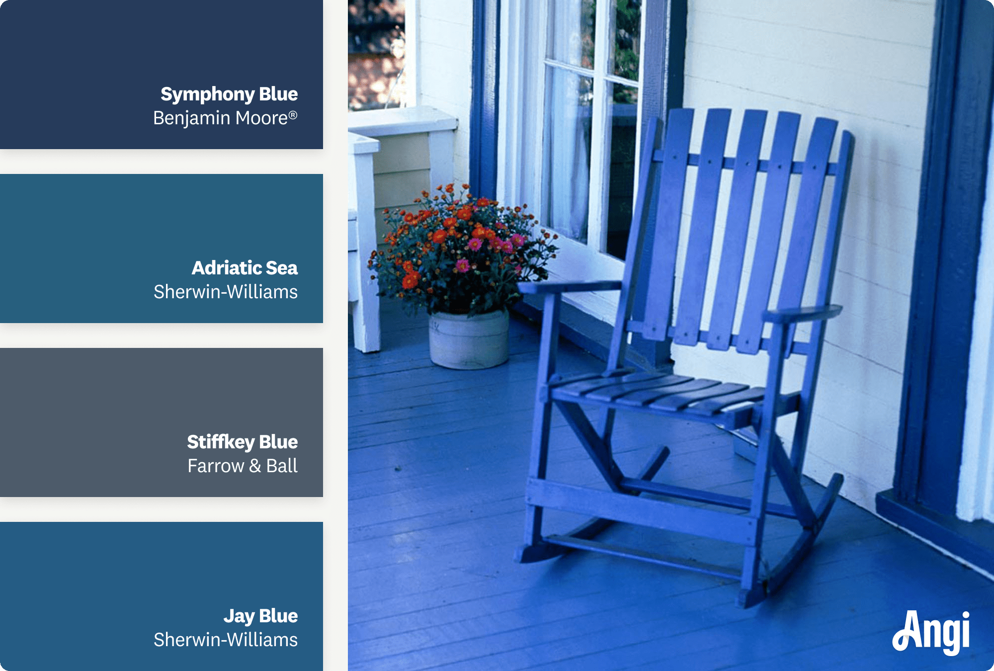 Blue rocking chair on blue porch, including different tones of dark blue paint