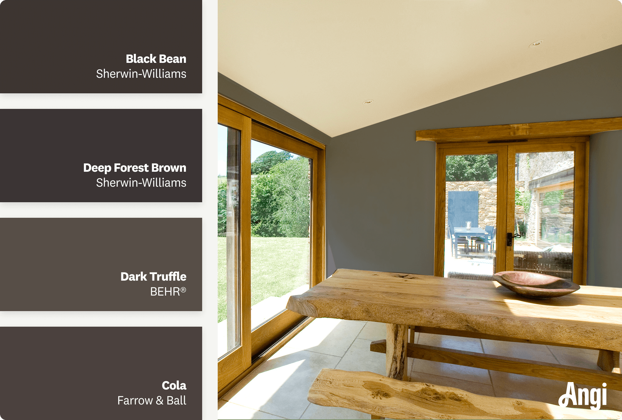 A dining room with dark brown walls and wood trim, including different tones of brown paints