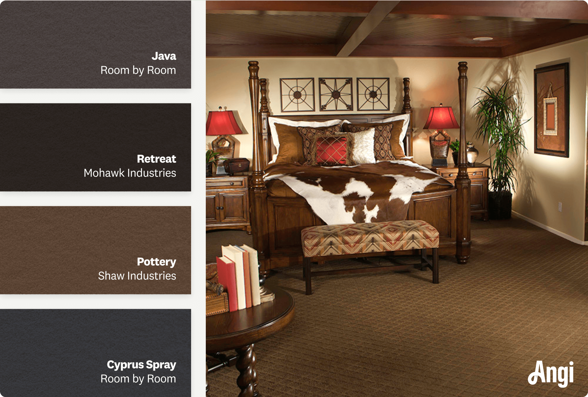 4 dark brown carpet colors compared, with an example of a western-themed bedroom with dark brown carpet