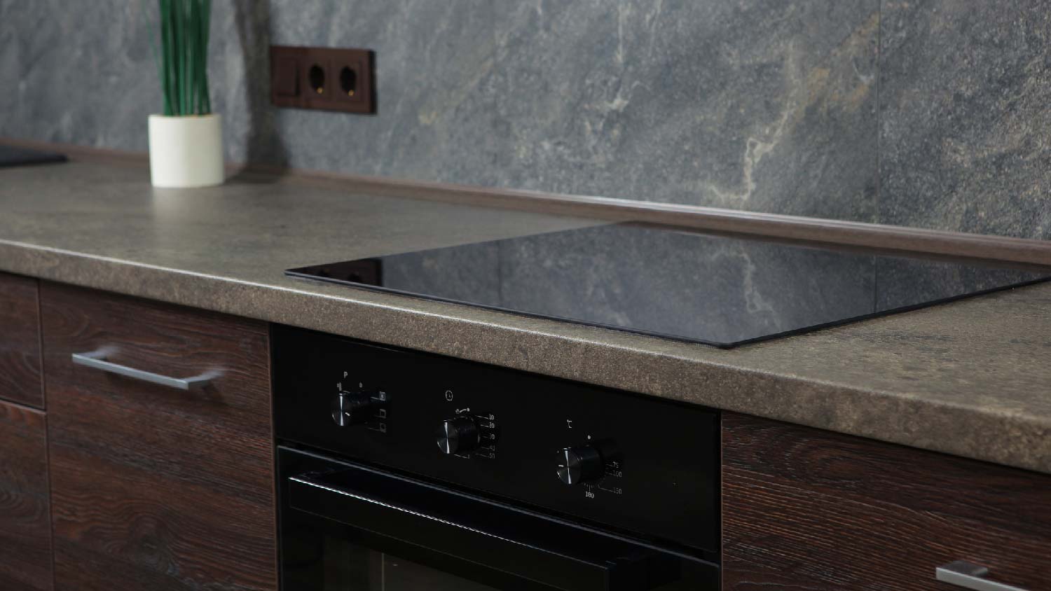 A dark granite countertop