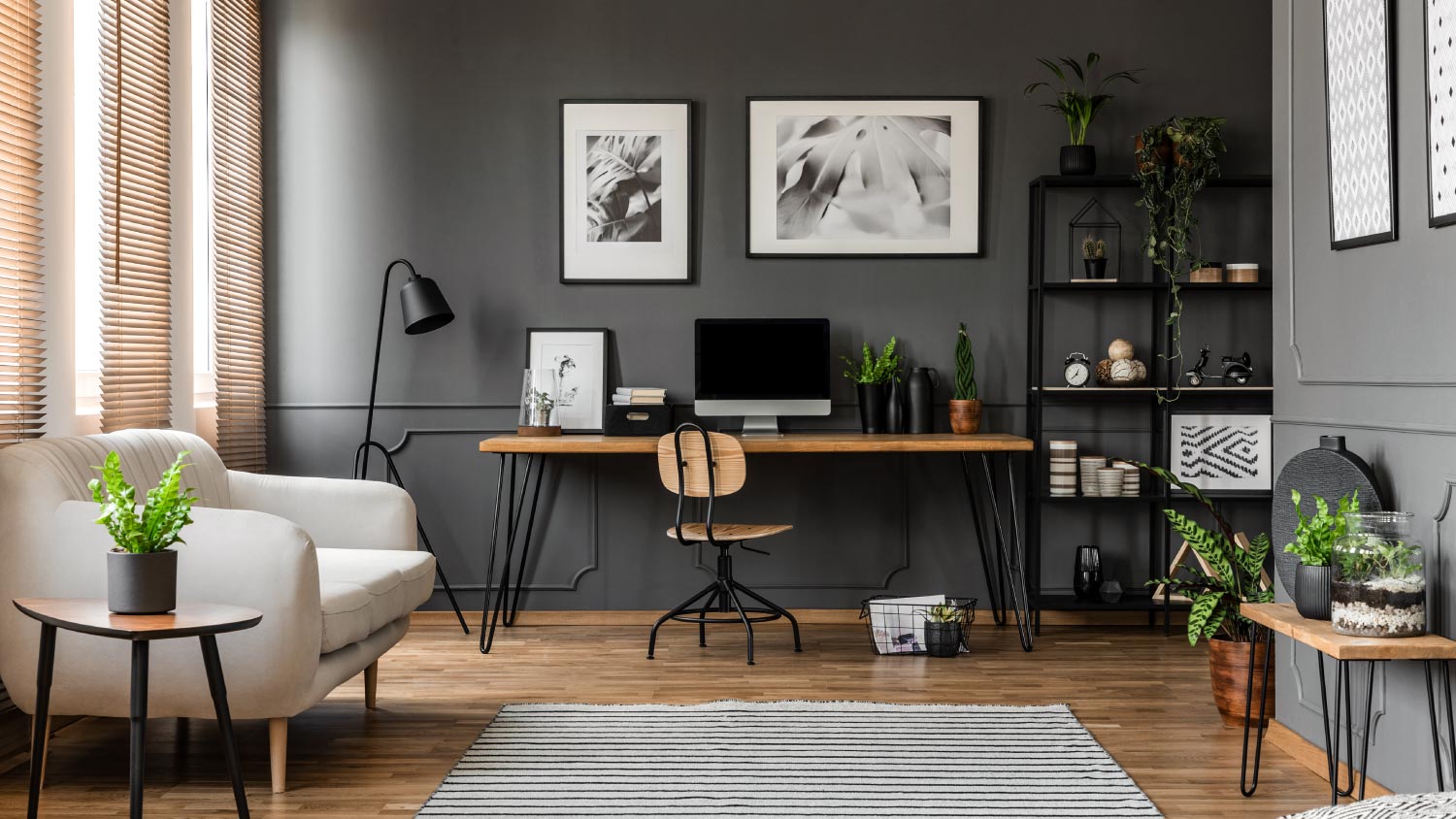 A dark gray living room