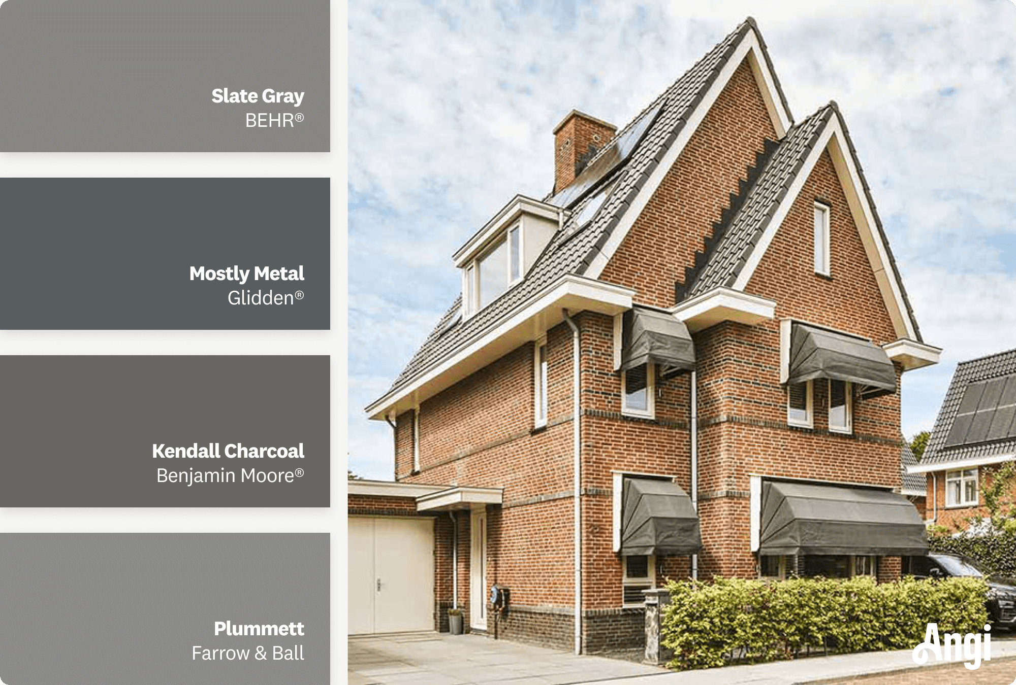 Three story brick house with gray roof, including different tones of dark gray paint