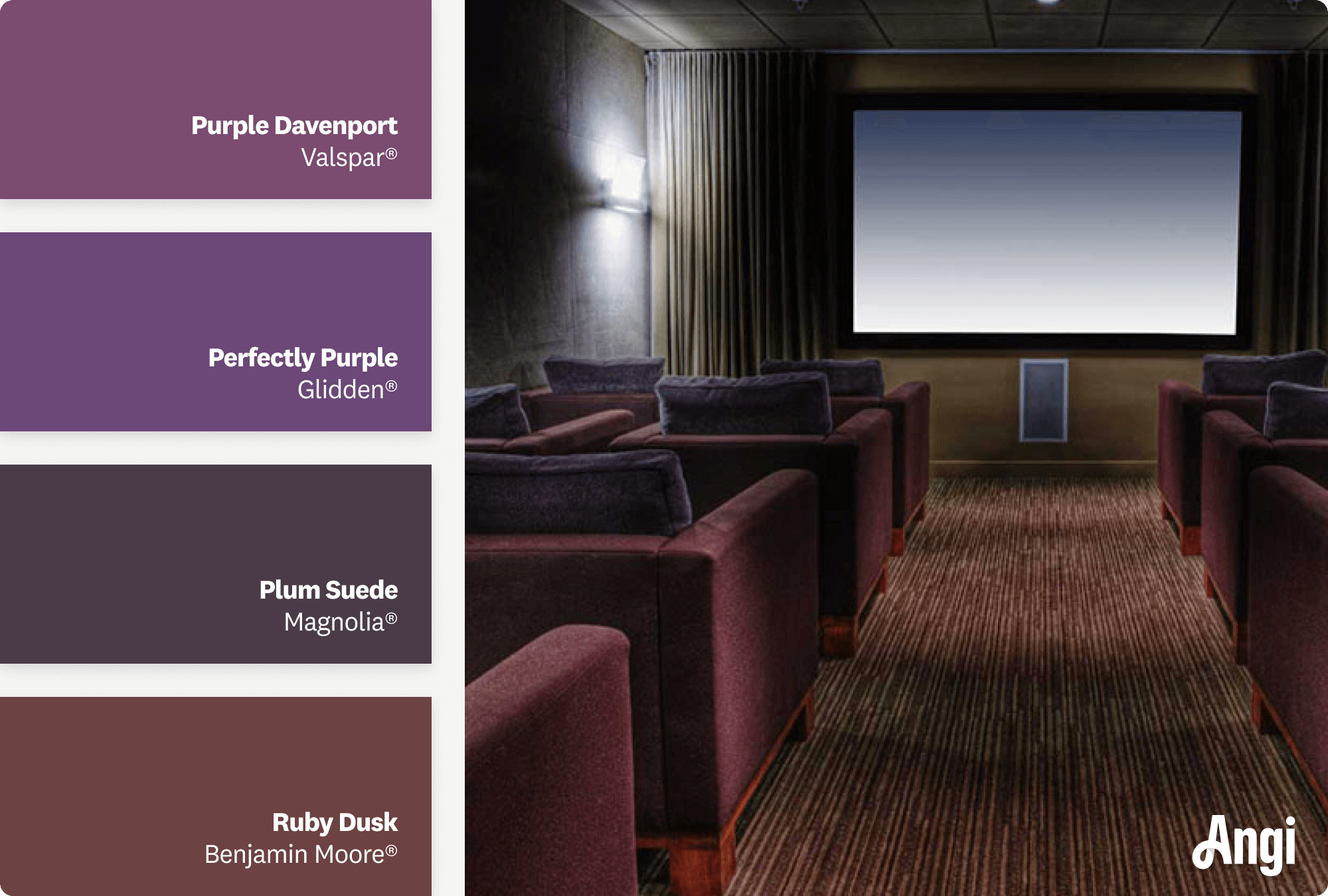 A home theater with dark gray walls and purple furniture