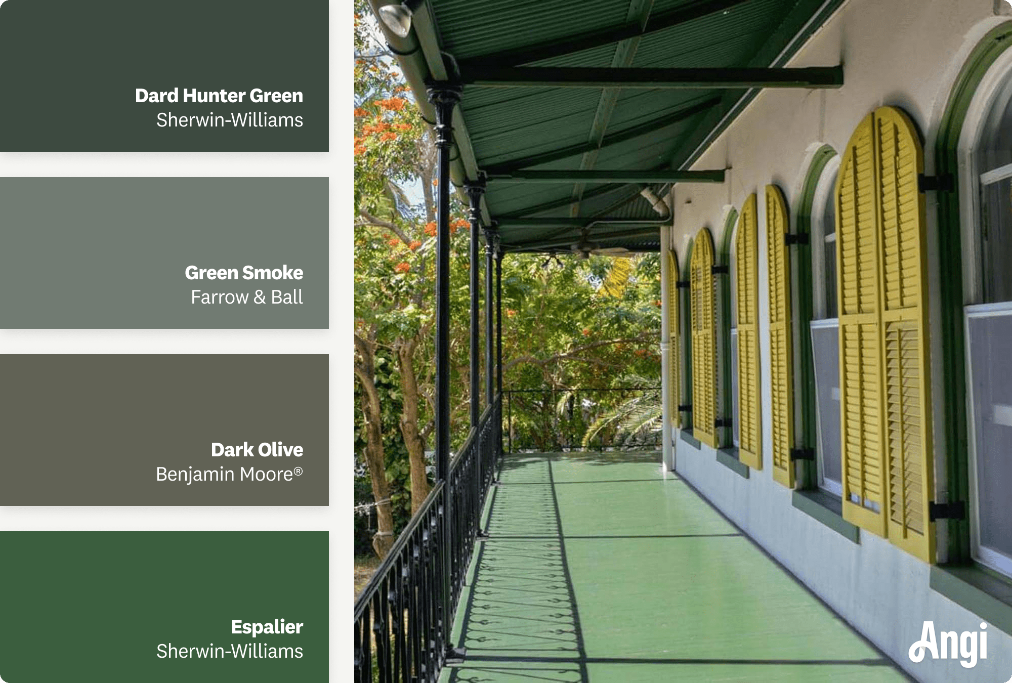 A dark green porch with yellow shutters, including different tones of dark green paint