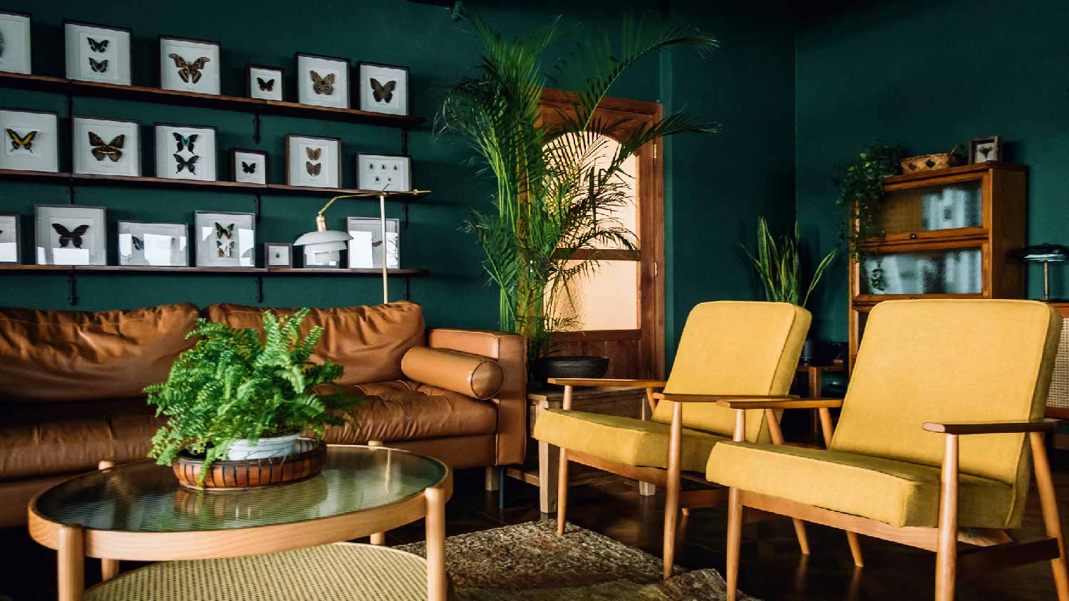A living room painted in dark green to match with the wooden door