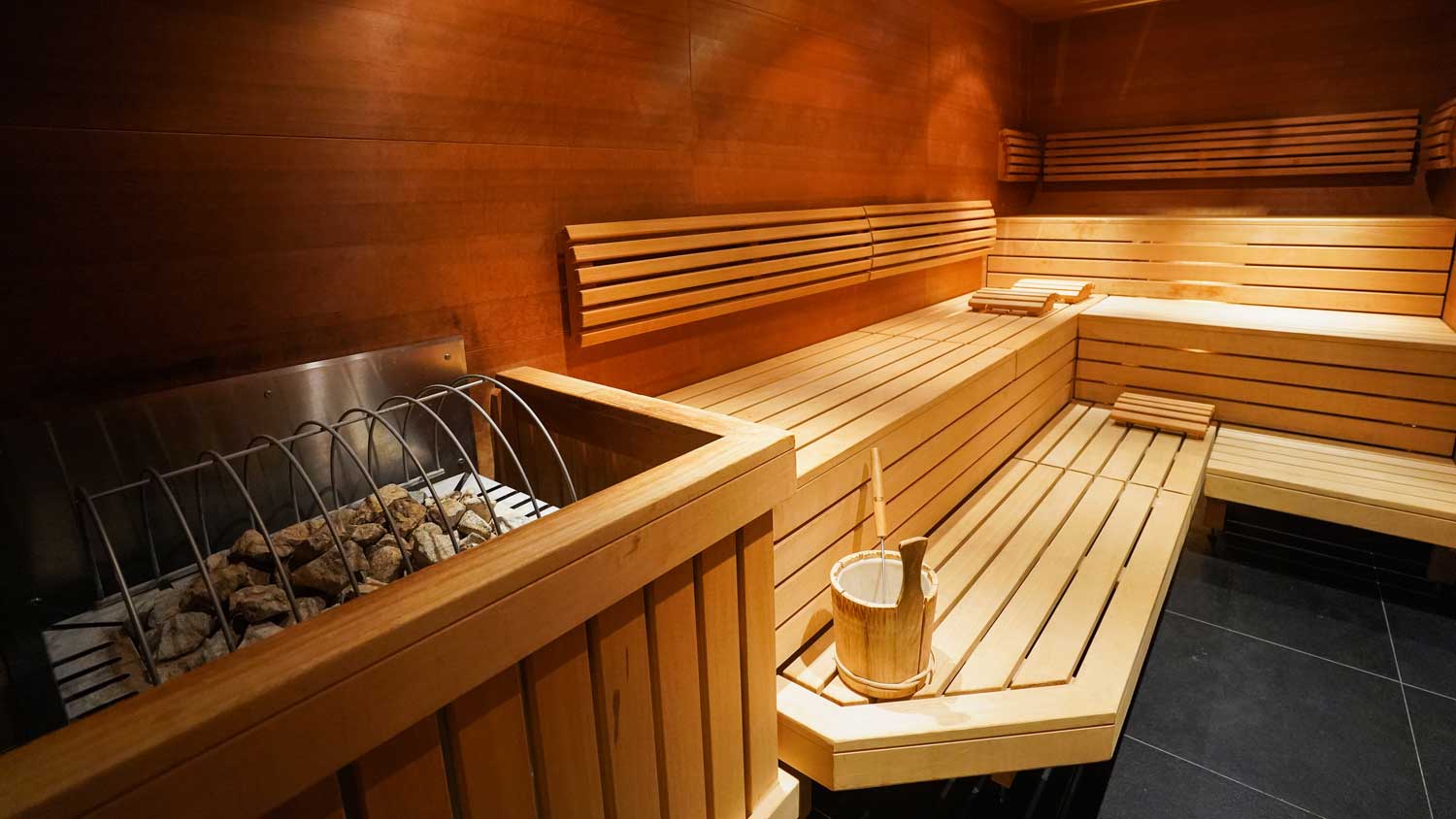 warm sauna dark wood