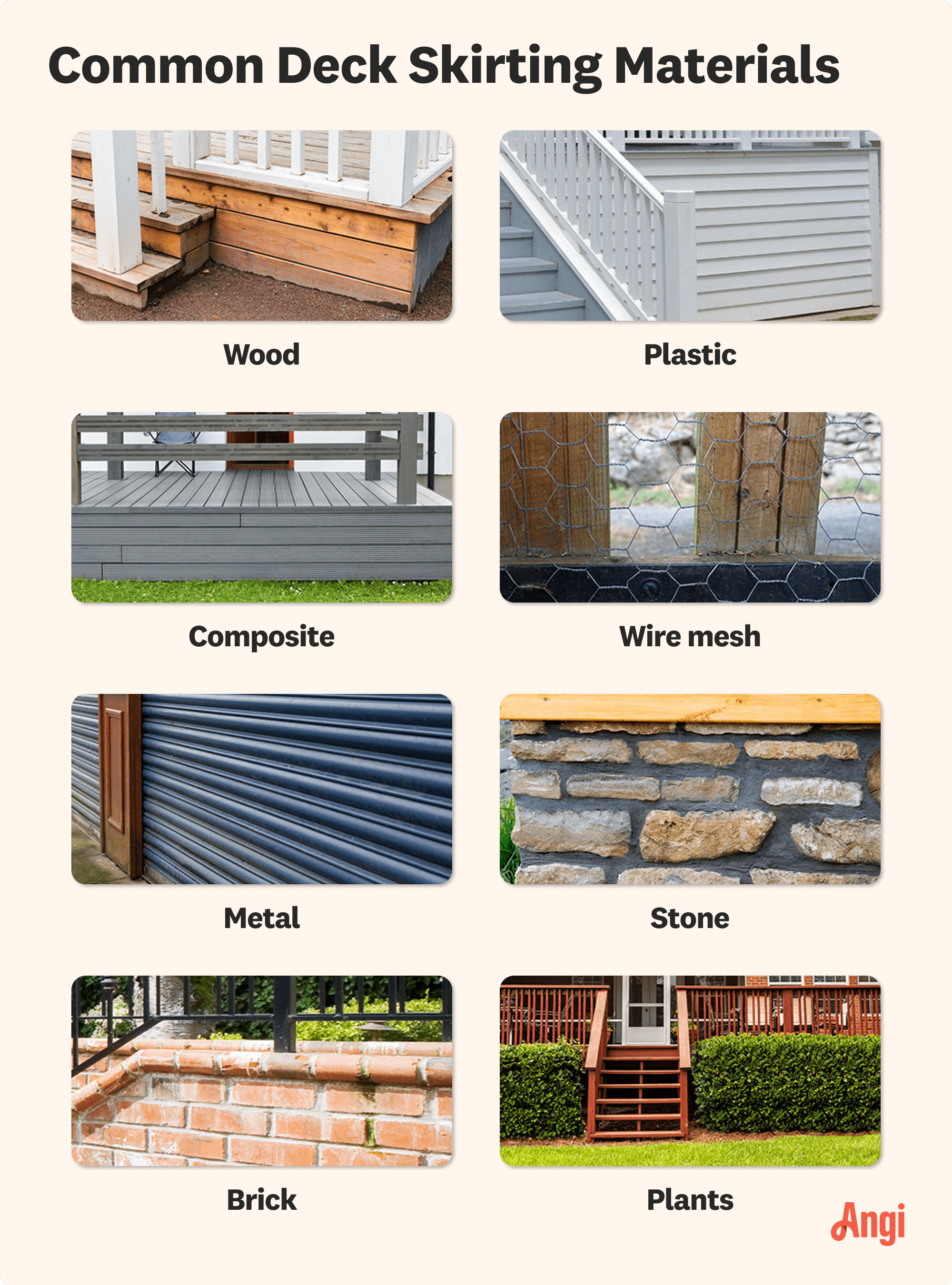 8 deck skirting materials compared visually, including wood, plastic, stone, and plants