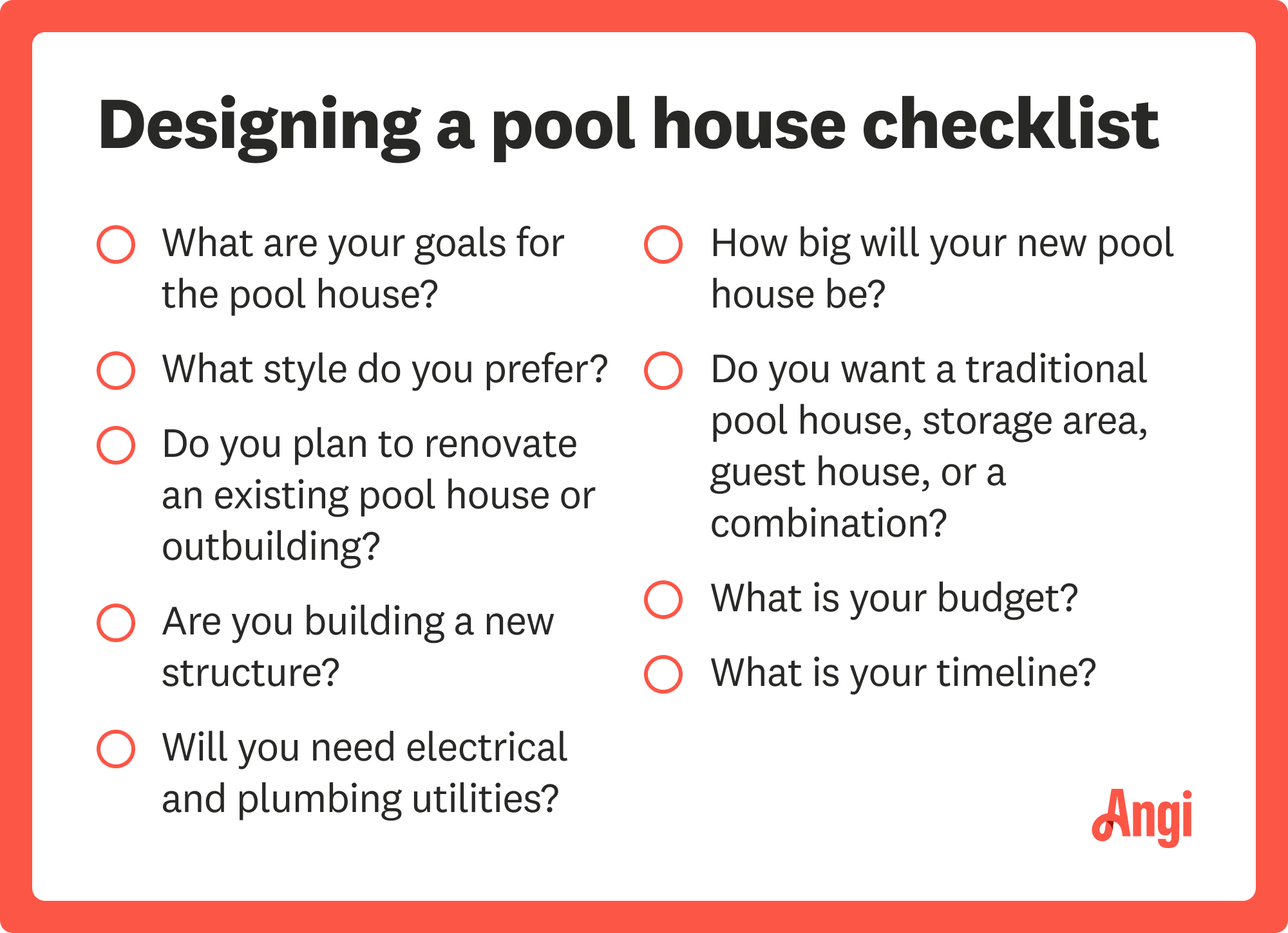 Designing a pool house checklist, including what is your budget and what is your timeline