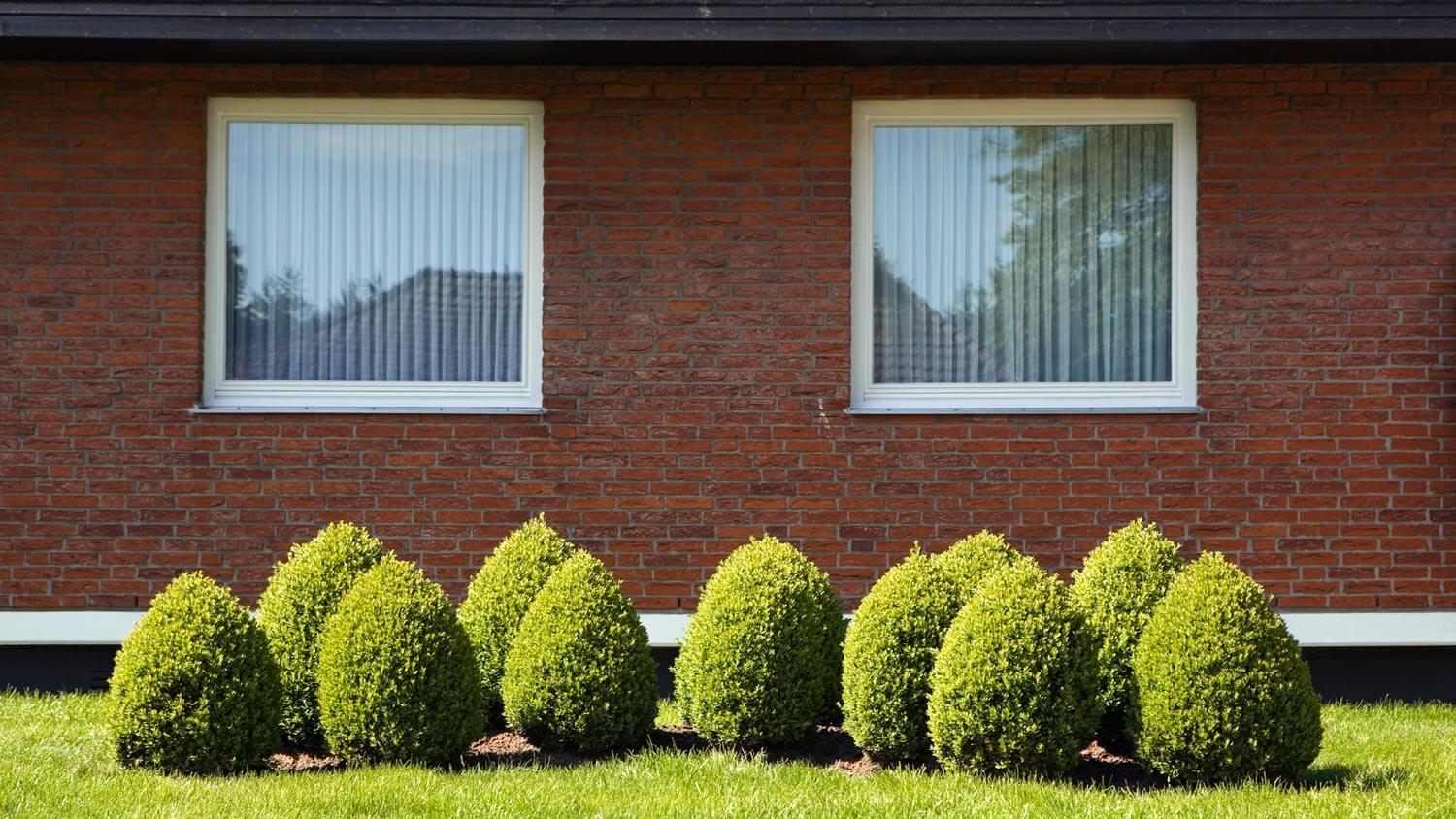 Detail of a brick house with a landscaped garden