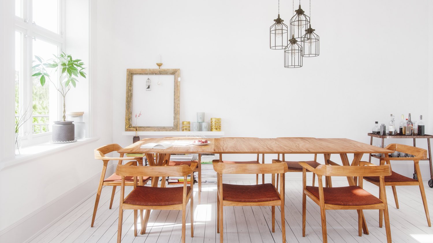 A Scandinavian dining room on a sunny day