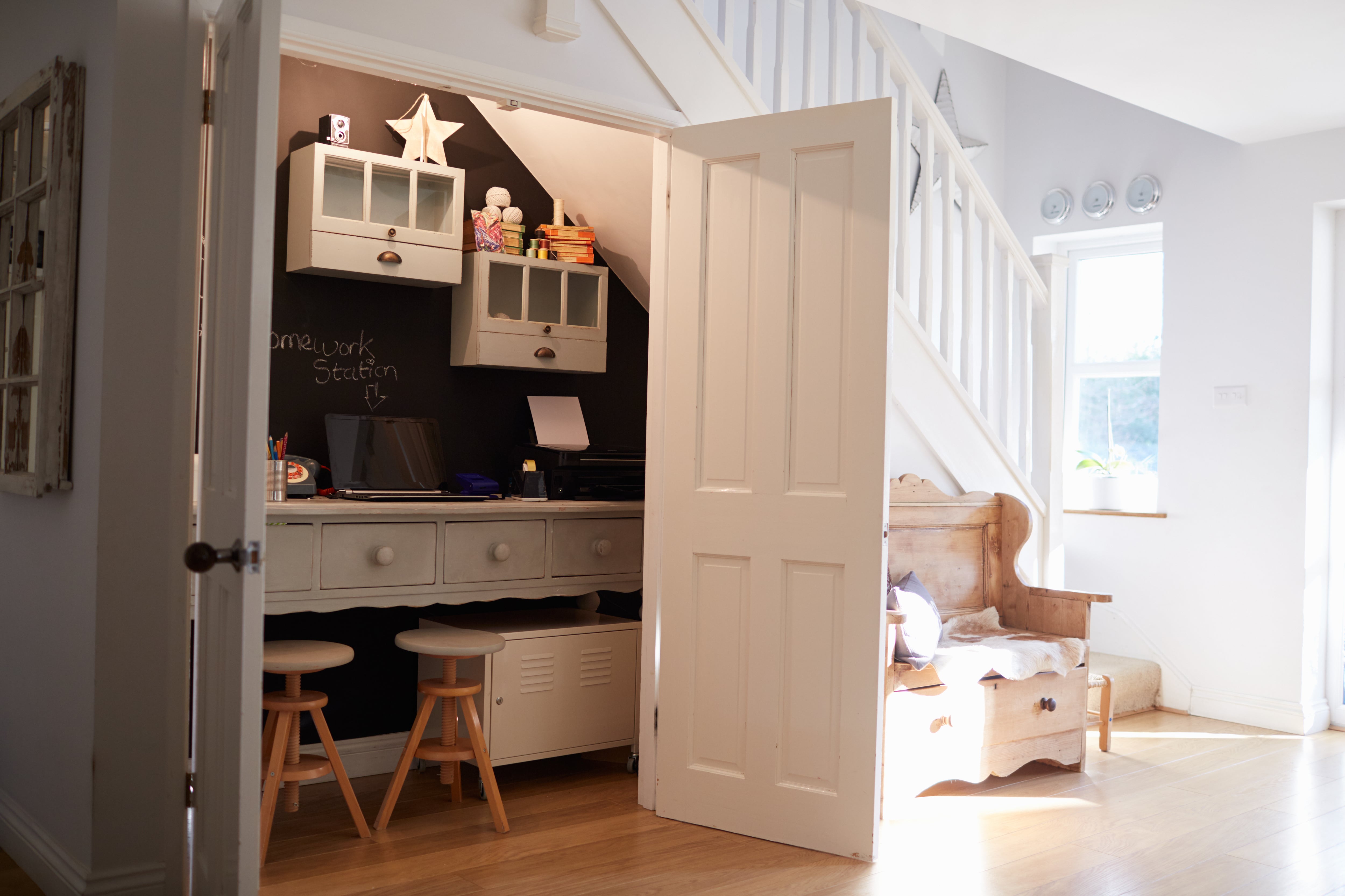 Workspace under the stairs of a home