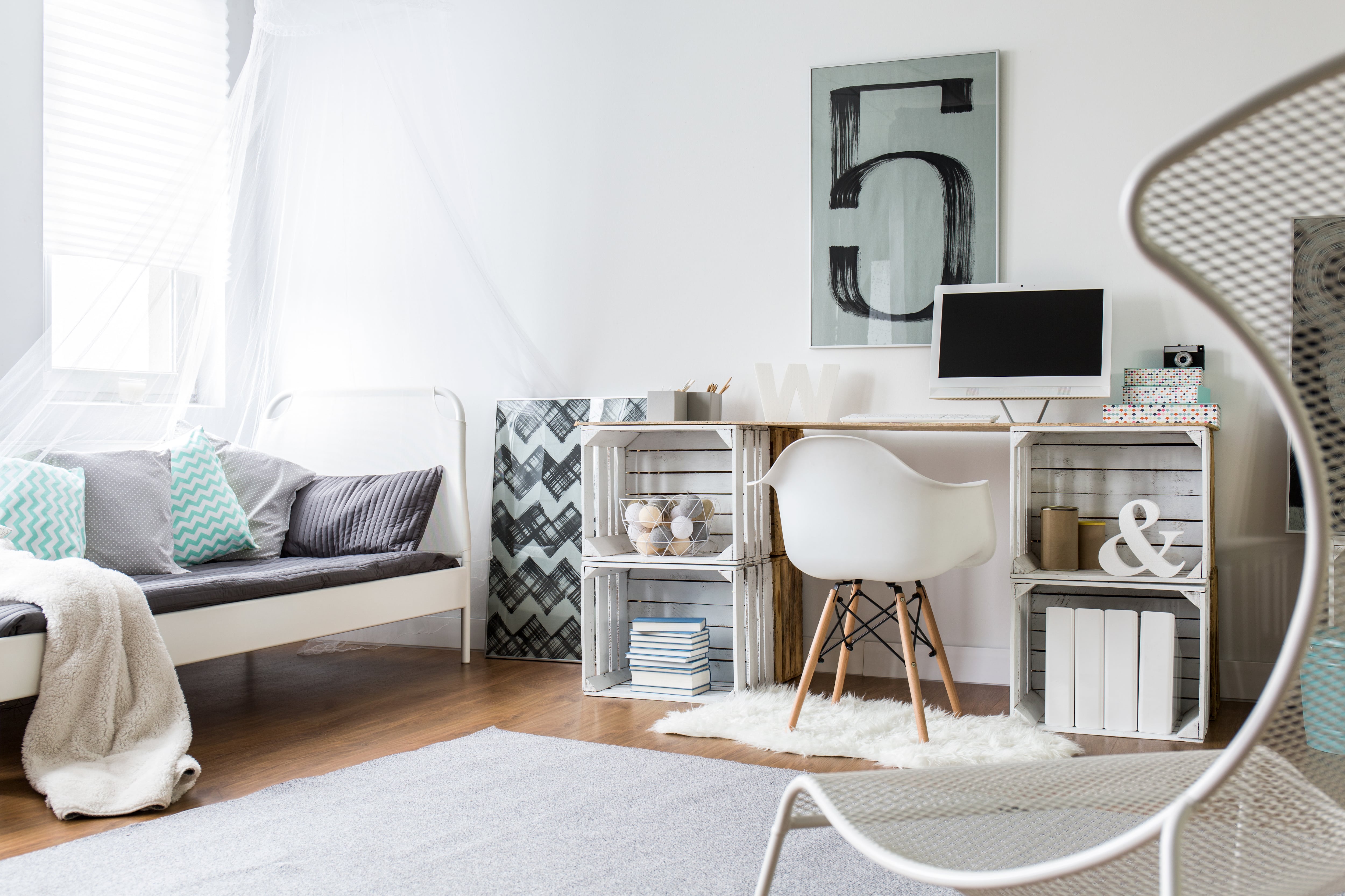 Home office desk using crates as legs