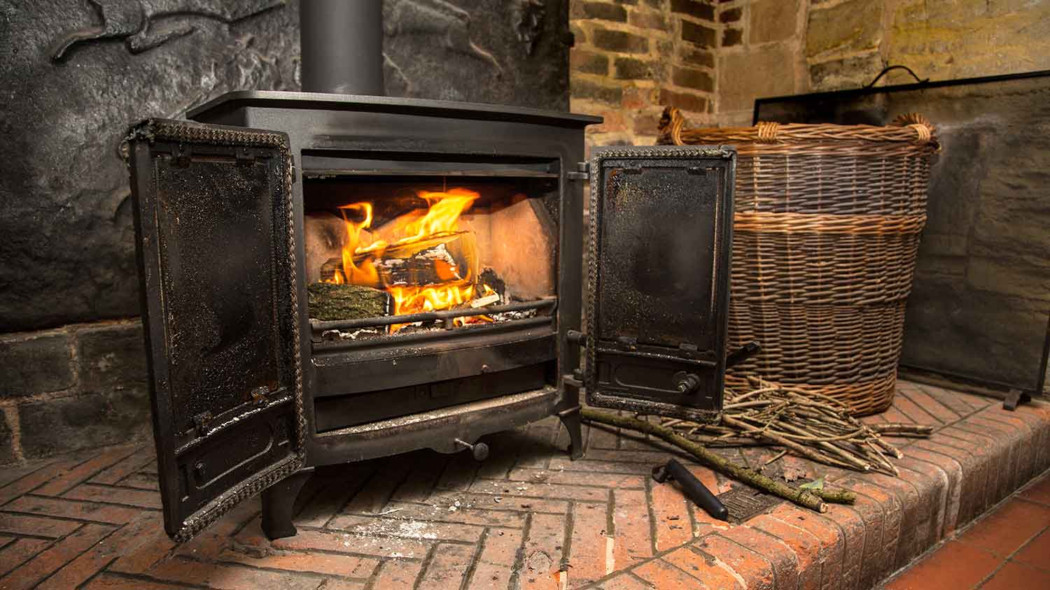 Rustic wood stove with open doors