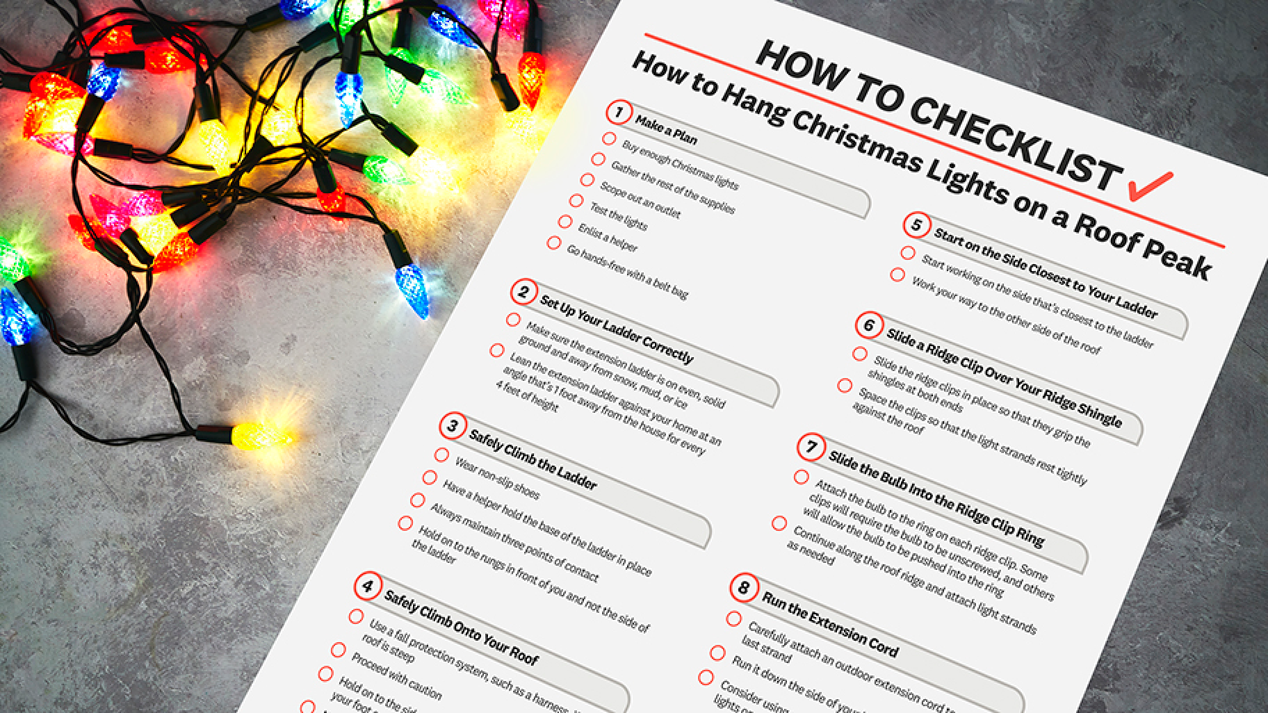 Downloadable checklist for how to hang Christmas lights on a roof peak