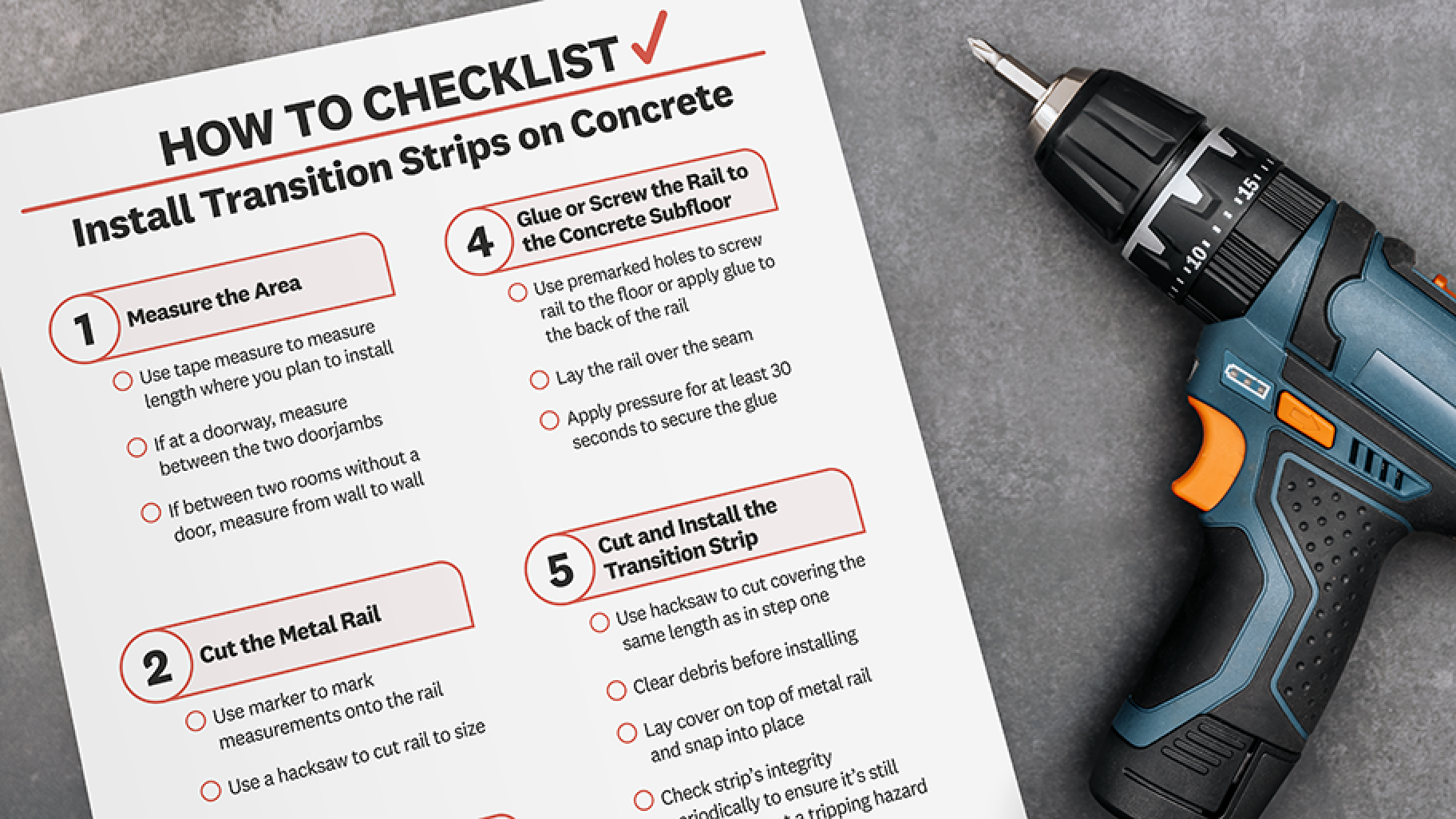 Install transition strips on concrete checklist