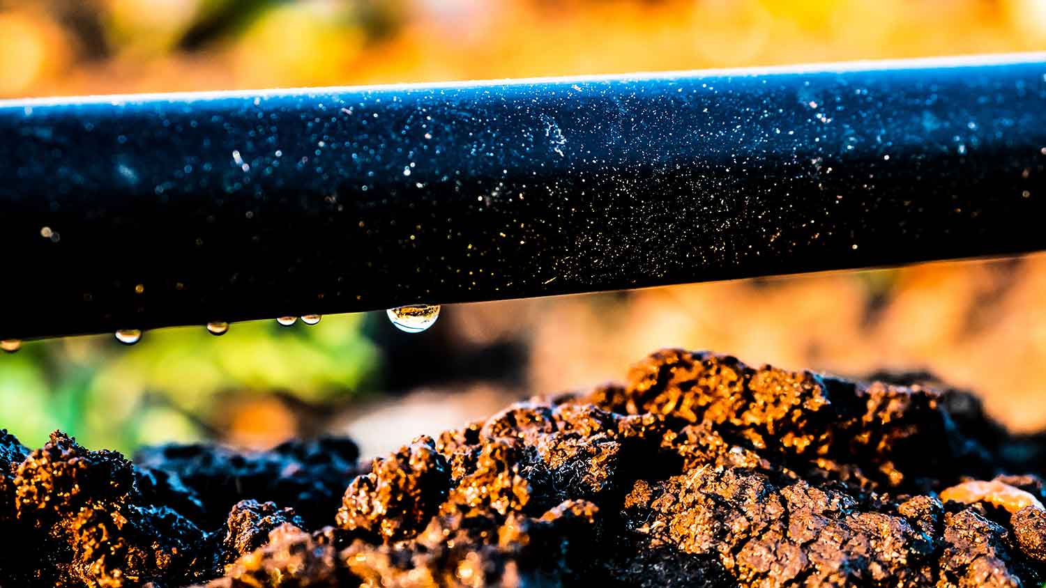 Close up of a drip hose watering the soil