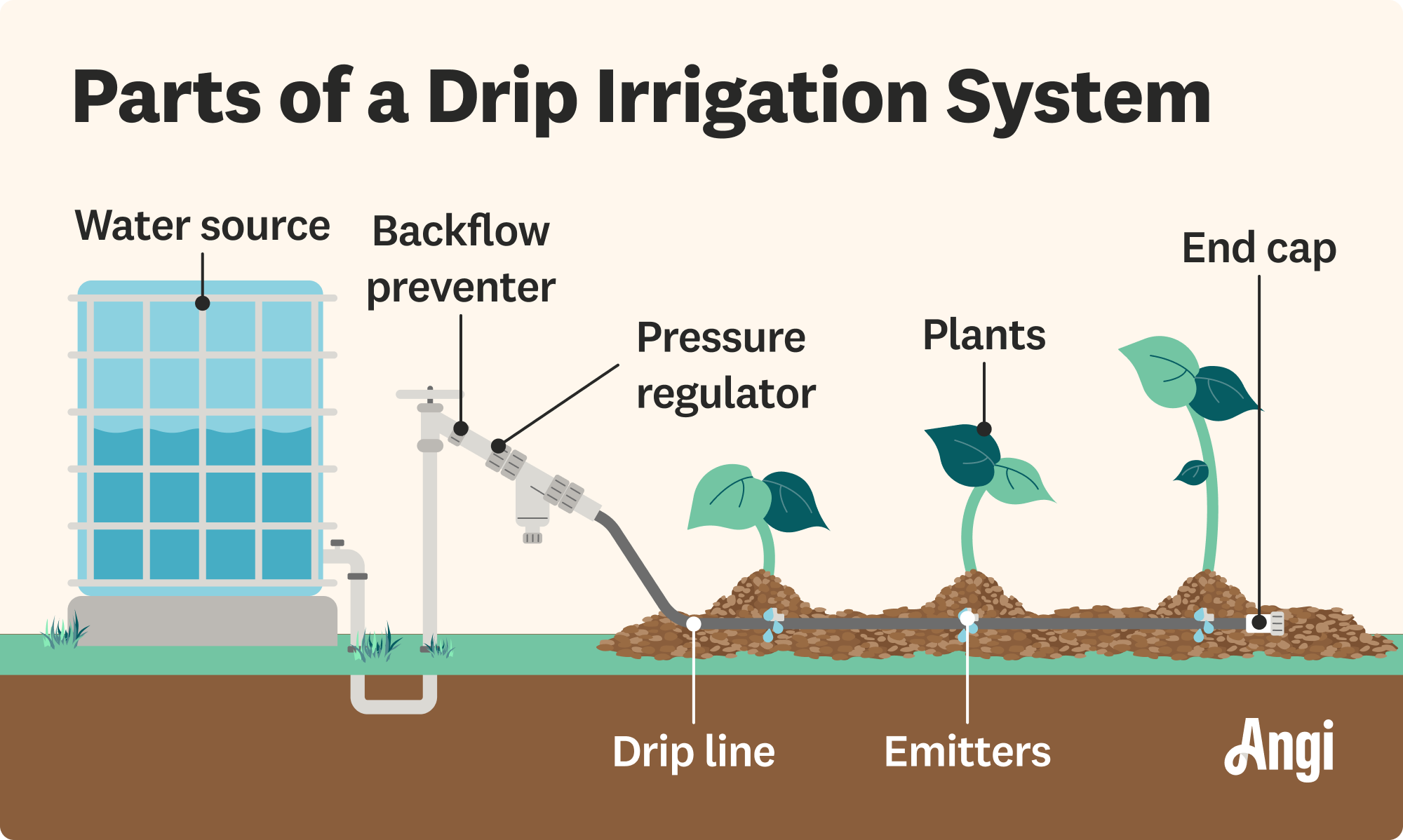 7 drip irrigation system parts illustrated, including the backflow preventer, drip lines, and end caps