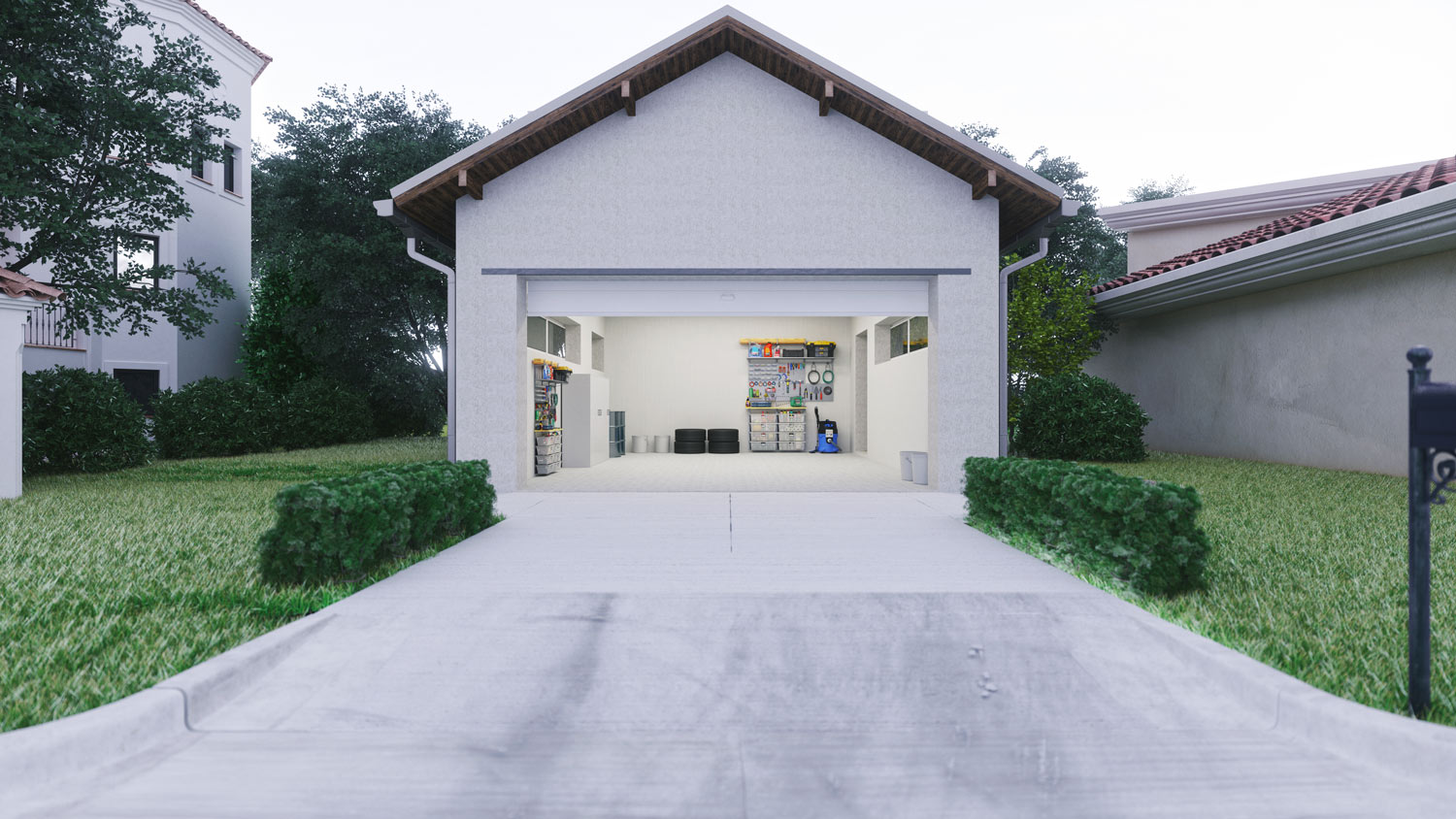 Garage with concrete driveway