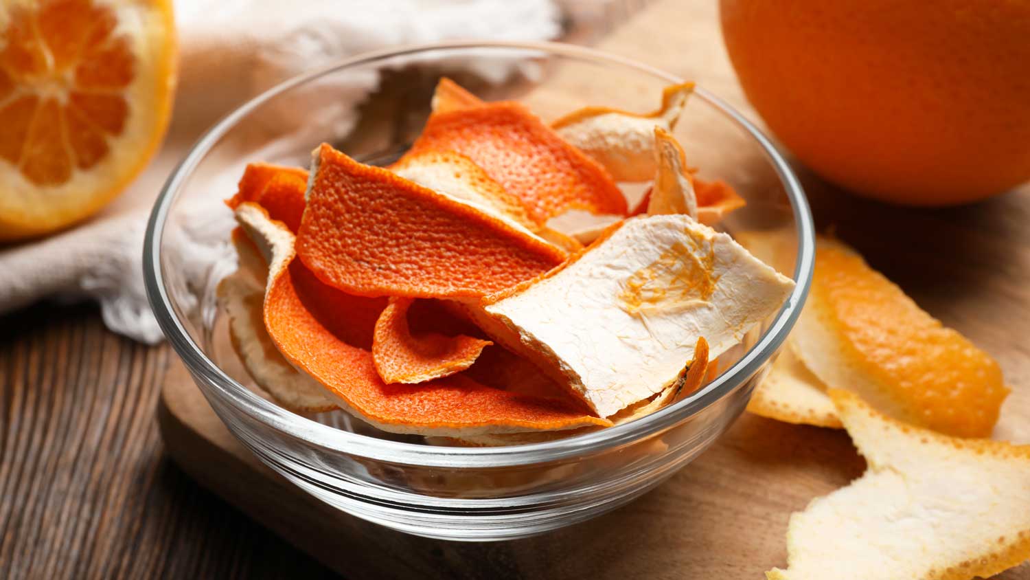 dry orange peel in a bowl 