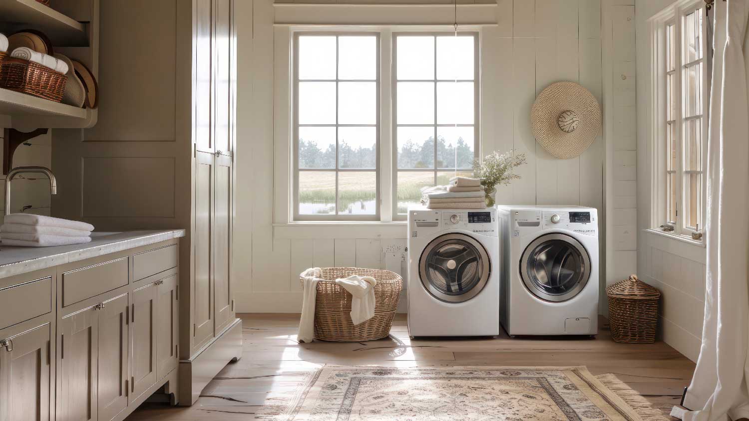 A dryer and a washing machine in a laundry room