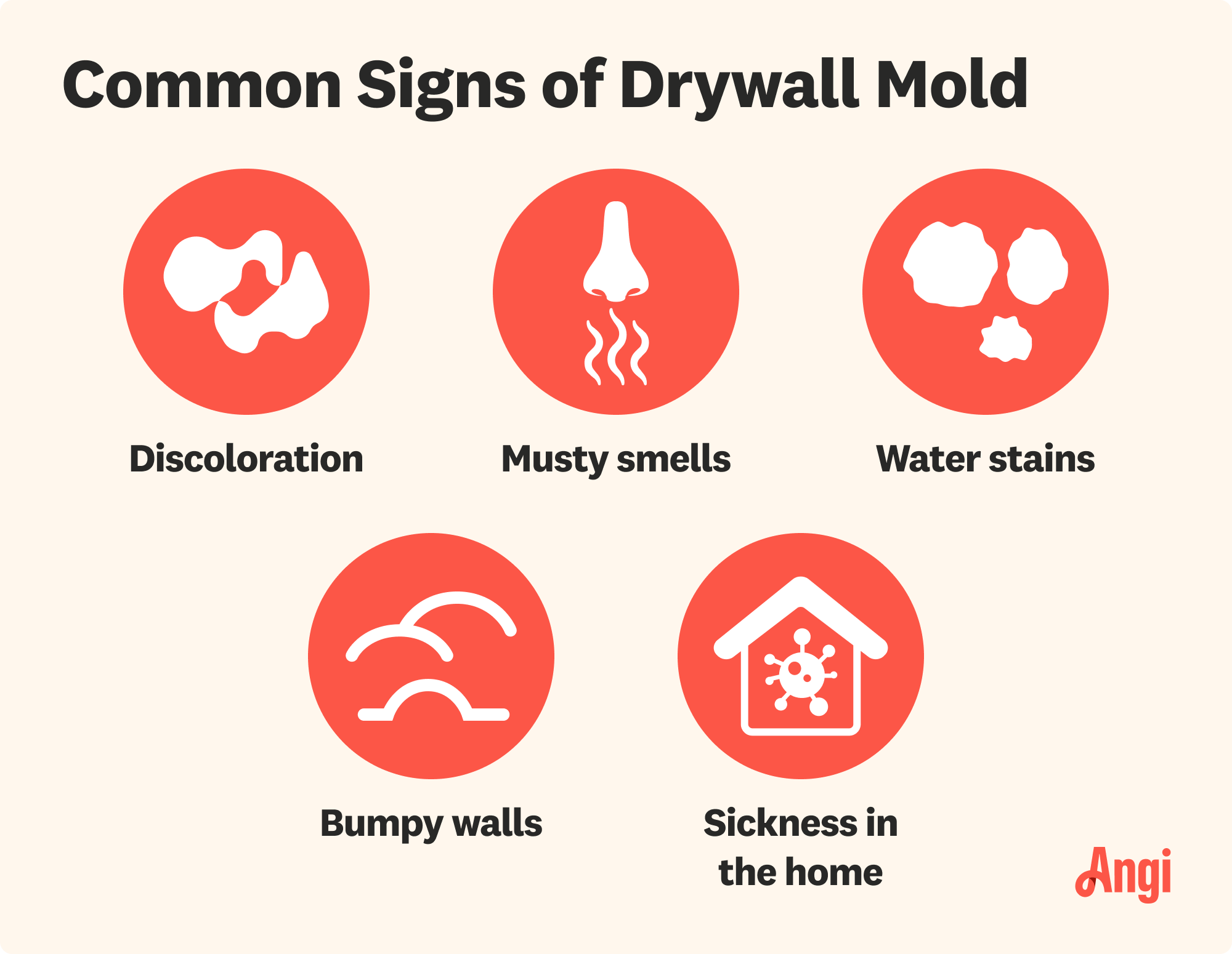 5 common signs of drywall mold, including discoloration, water stains, and sickness in the home